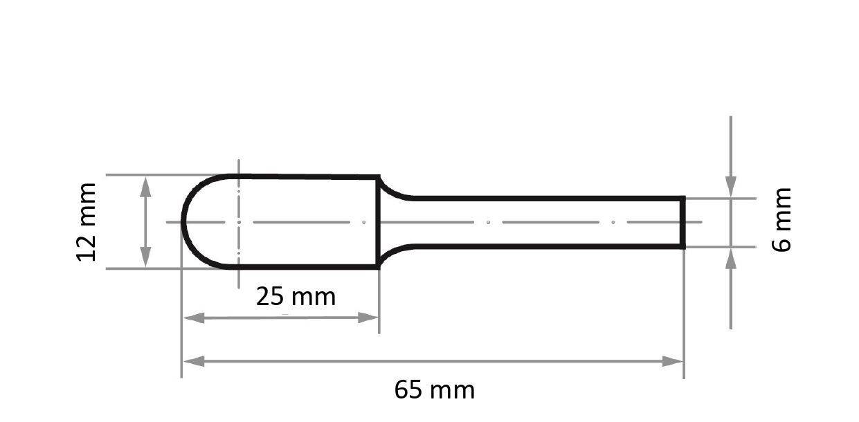 65 mm hosszúságú hengeres tárgy ábrázolása, lekerekített véggel, 12 mm átmérőjű a lekerekített végén, amely fokozatosan 6 mm-re szűkül.