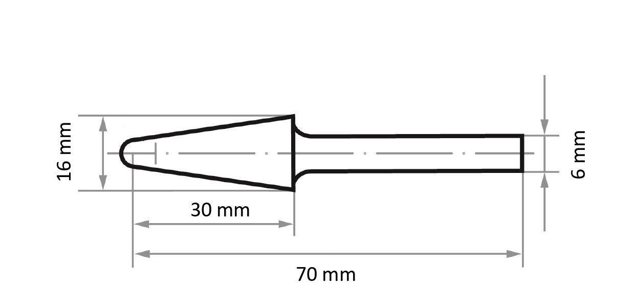 Egy hengeres tárgy műszaki rajza, amelynek hegyes vége van, a következő méretekkel jelölve: 70 mm teljes hosszúság, 30 mm kúpos rész, 16 mm szélesség a legszélesebb résznél, és 6 mm szélesség a legvékonyabb résznél.