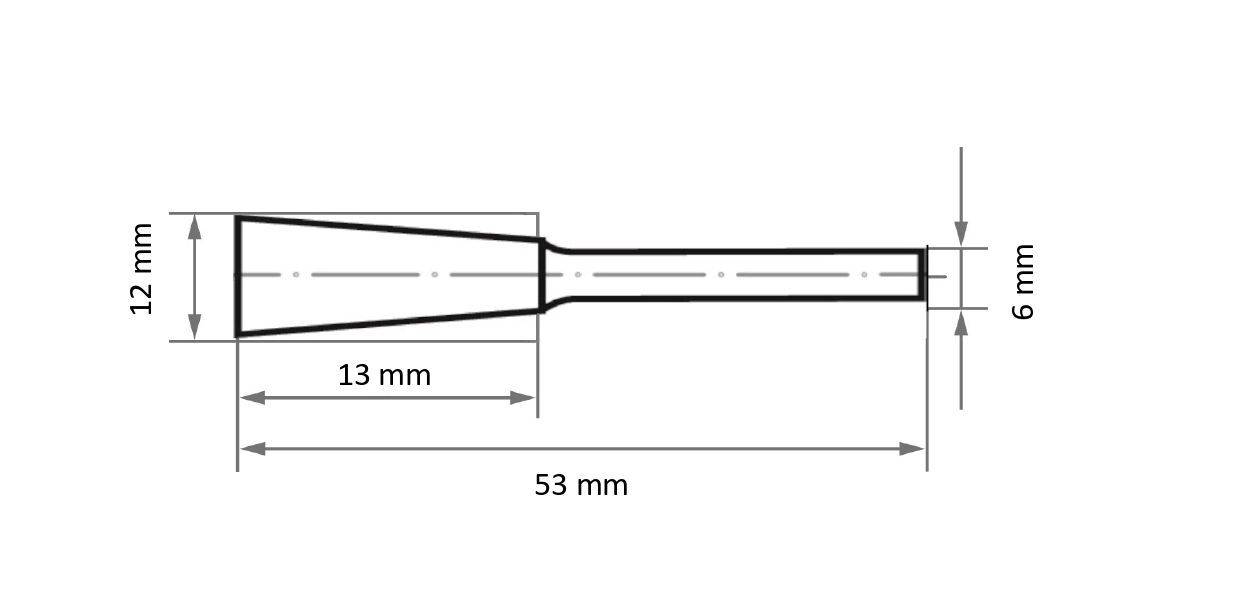 Egy műszaki rajz, amely egy kúpos hengeres tárgyat ábrázol. A szélesebb vég 12 mm, amely 6 mm-re szűkül, teljes hossza 53 mm.