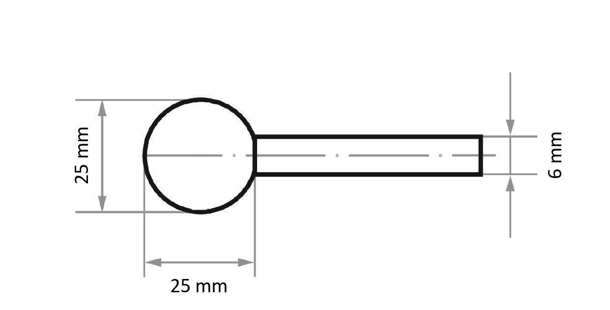 Egy műszaki rajz egy hengeres tárgyról, amely 25 mm átmérőjű, 25 mm hosszúságú szárral és 6 mm átmérőjű hegyszerű végződéssel.