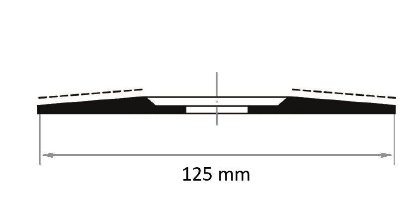 A szerkezet keresztmetszetét ábrázoló diagram, amelyen '125 mm' hosszúság van feltüntetve. A középpontban egy vízszintes vonal található, amelyből szaggatott vonalak emelkednek felfelé.