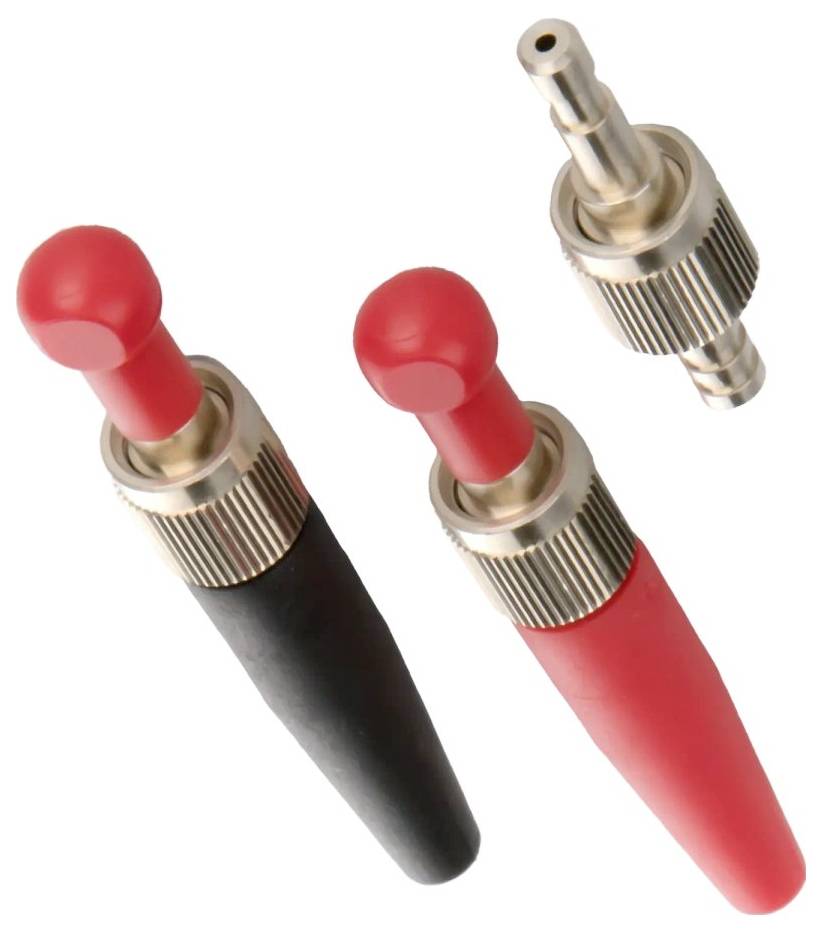 Egy fekete és egy piros szigetelt banándugó egy külön álló fémes csatlakozó hegyével.