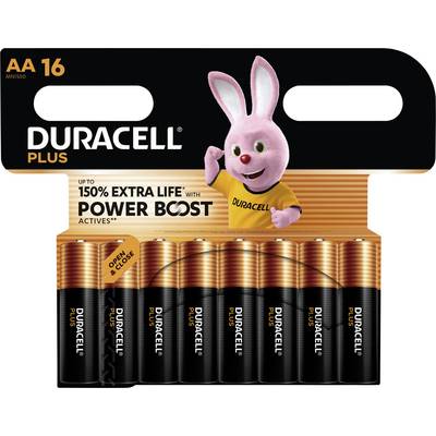'Duracell Plus AA 16 darabos csomag Power Boost technológiával. Duracell nyuszi logóval. Akár 150%-kal hosszabb élettartam más elemekhez képest.'