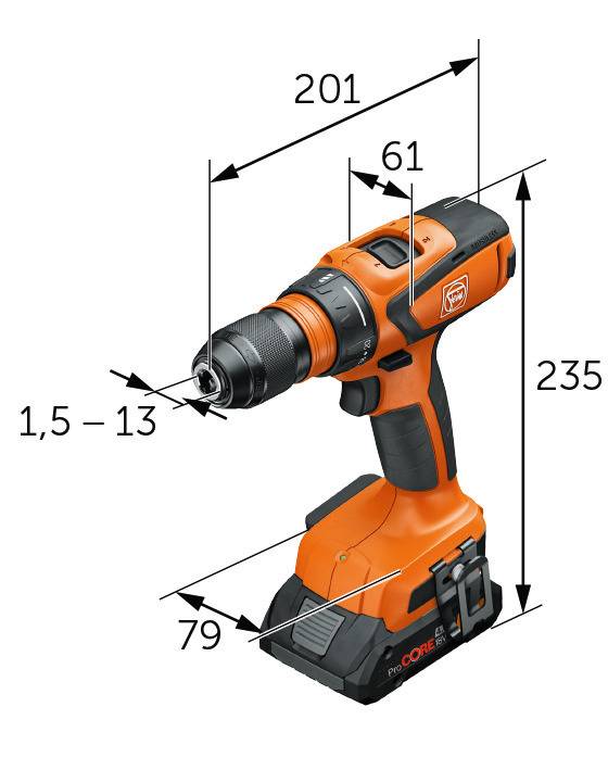 Egy narancssárga vezeték nélküli fúrógép, amelynek méretei a következők: 201 mm hosszúság, 61 mm szélesség, 235 mm magasság, 79 mm alap, tokmány mérete 1,5-13 mm.