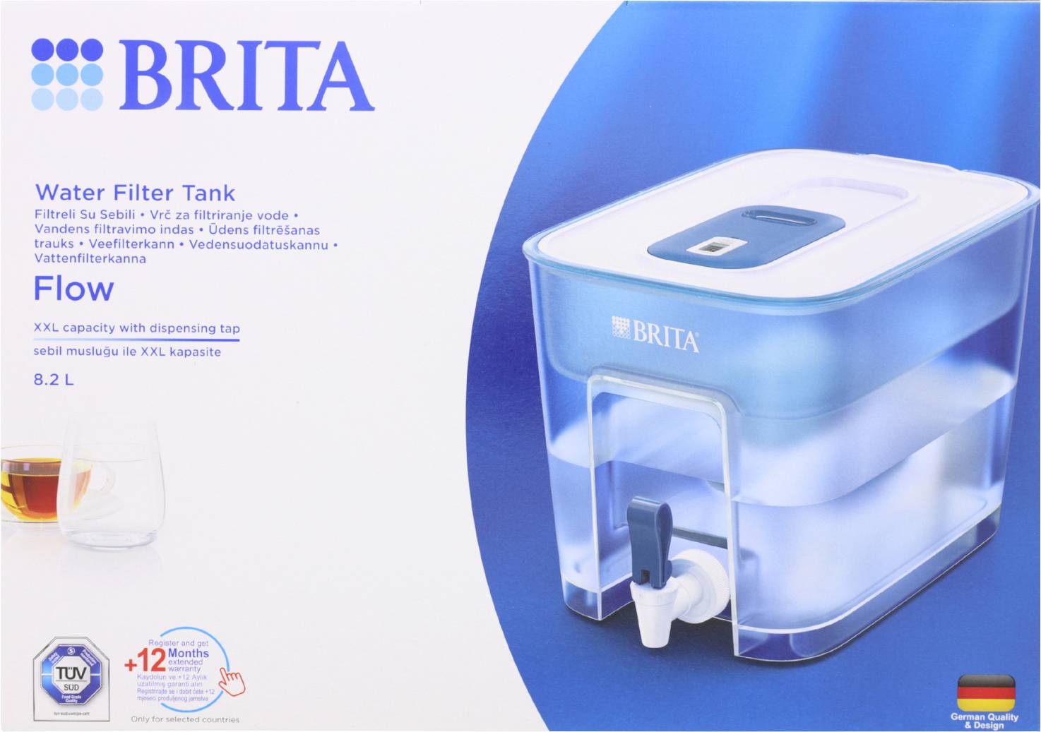 BRITA Vízszűrő Tartály, Folyamatos modell, 8,2 L kapacitás, adagoló csappal. Jellemzői közé tartozik az XXL kapacitás és a 12 hónapos élettartam.