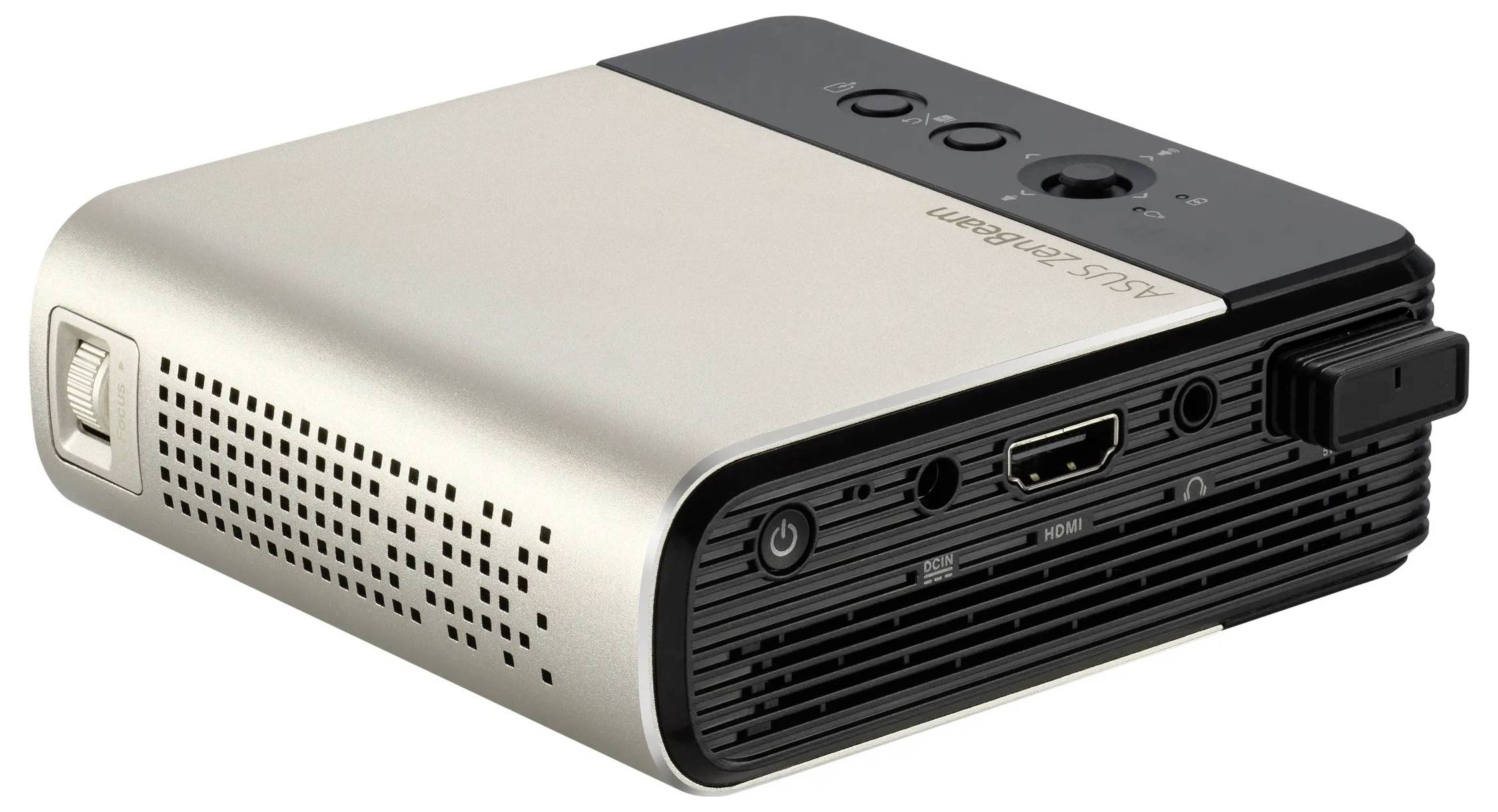 Egy kompakt hordozható projektor, amely különböző bemeneti portokkal rendelkezik, beleértve a HDMI-t és az USB-t, alkalmas prezentációkhoz vagy médiamegtekintéshez.