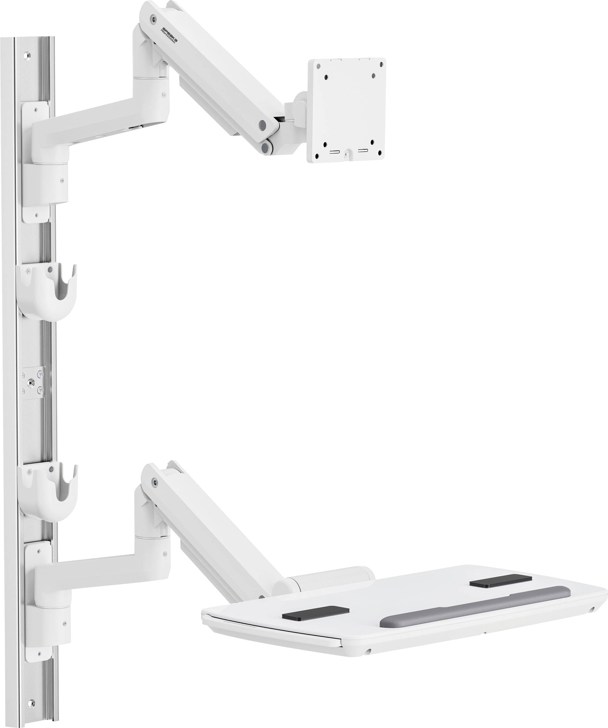 Egy fehér, falra szerelhető, állítható monitorkar billentyűzettartó tálcával, ergonomikus munkaterületi elrendezésekhez, amely függőleges és vízszintes irányban is mozgatható.