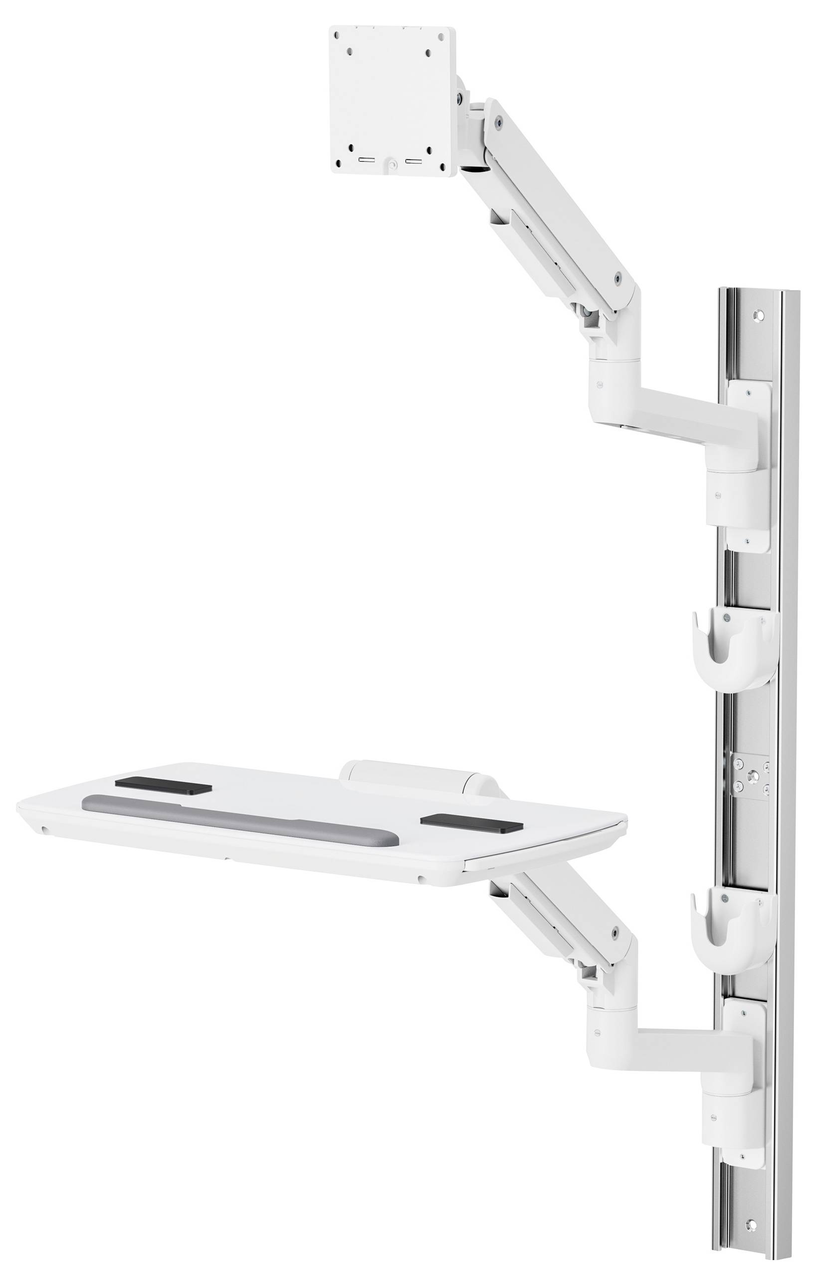 Fali rögzítésű, állítható magasságú munkaállomás fehér billentyűzettartóval és VESA kompatibilis monitor tartóval. Ergonomikus használatra tervezve, különböző helyszínekre.