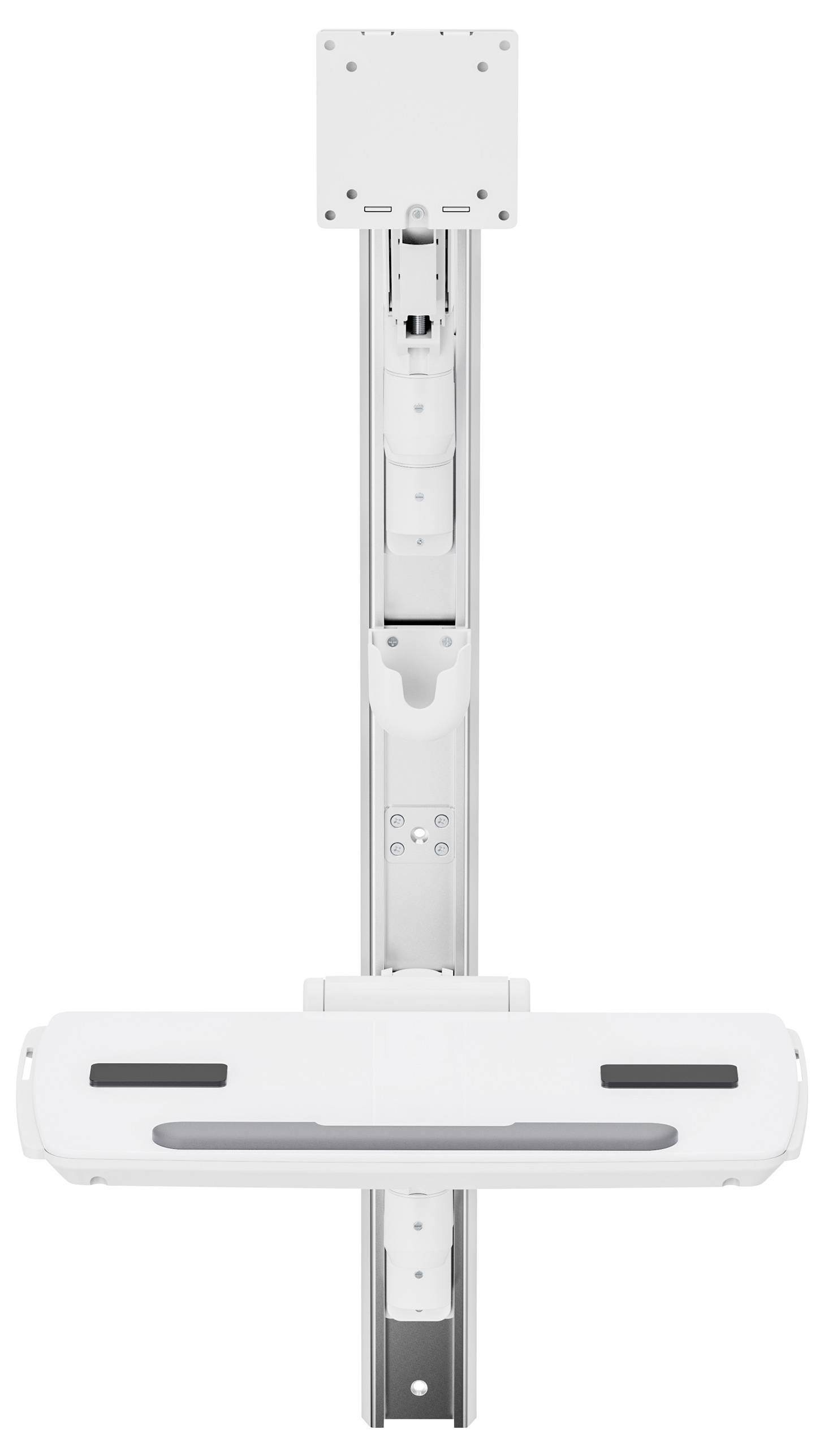 Mennyezetre szerelt orvosi eszköz, állítható karral, amelyet valószínűleg betegmegfigyelésre vagy orvosi felszerelés támasztására használnak egészségügyi környezetben.