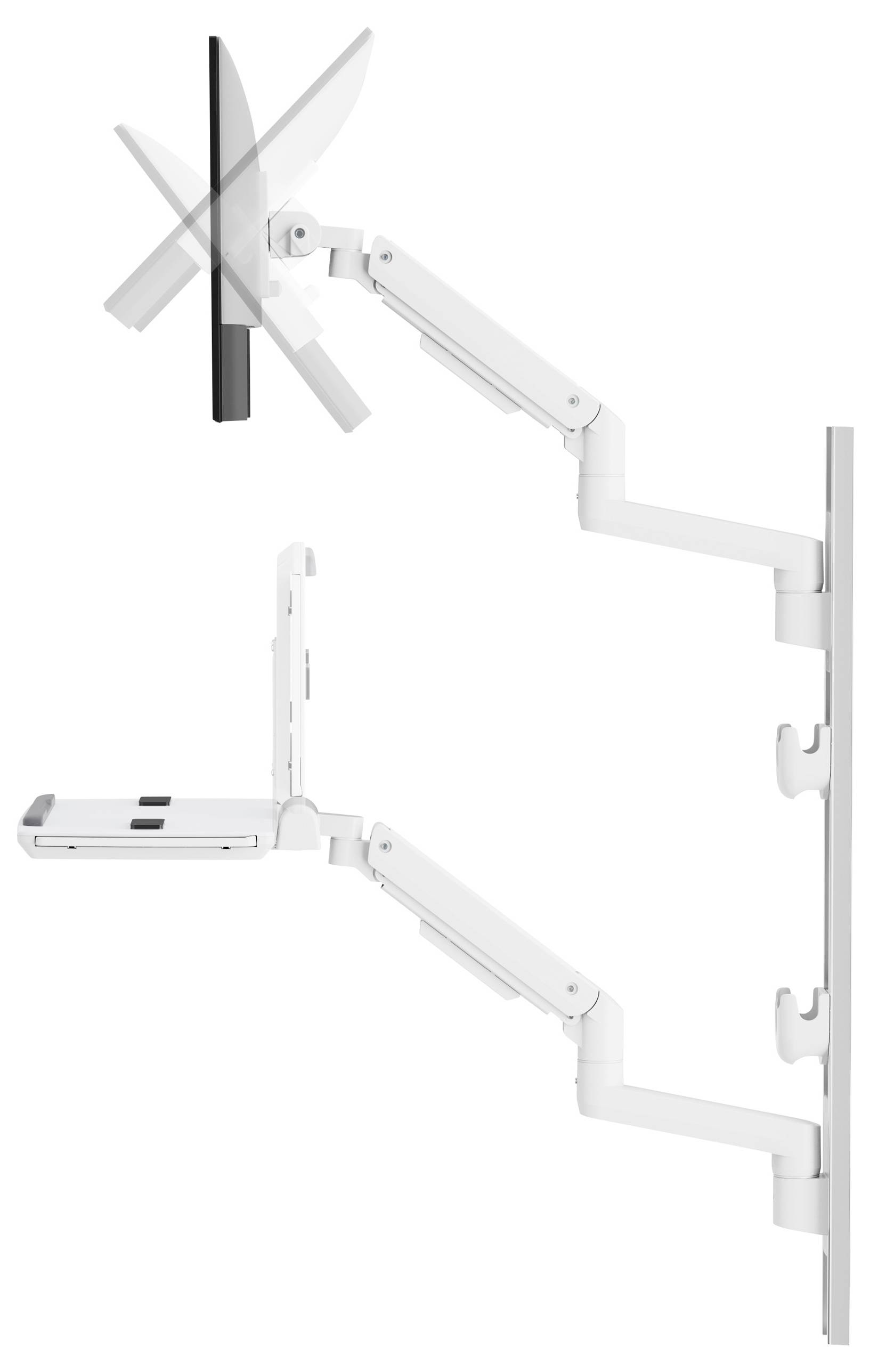 'Két forgó szegmenssel rendelkező, fehér, fali rögzítésű, állítható kar, amely egy lapos képernyős monitort és egy billentyűzet tartót tart.'