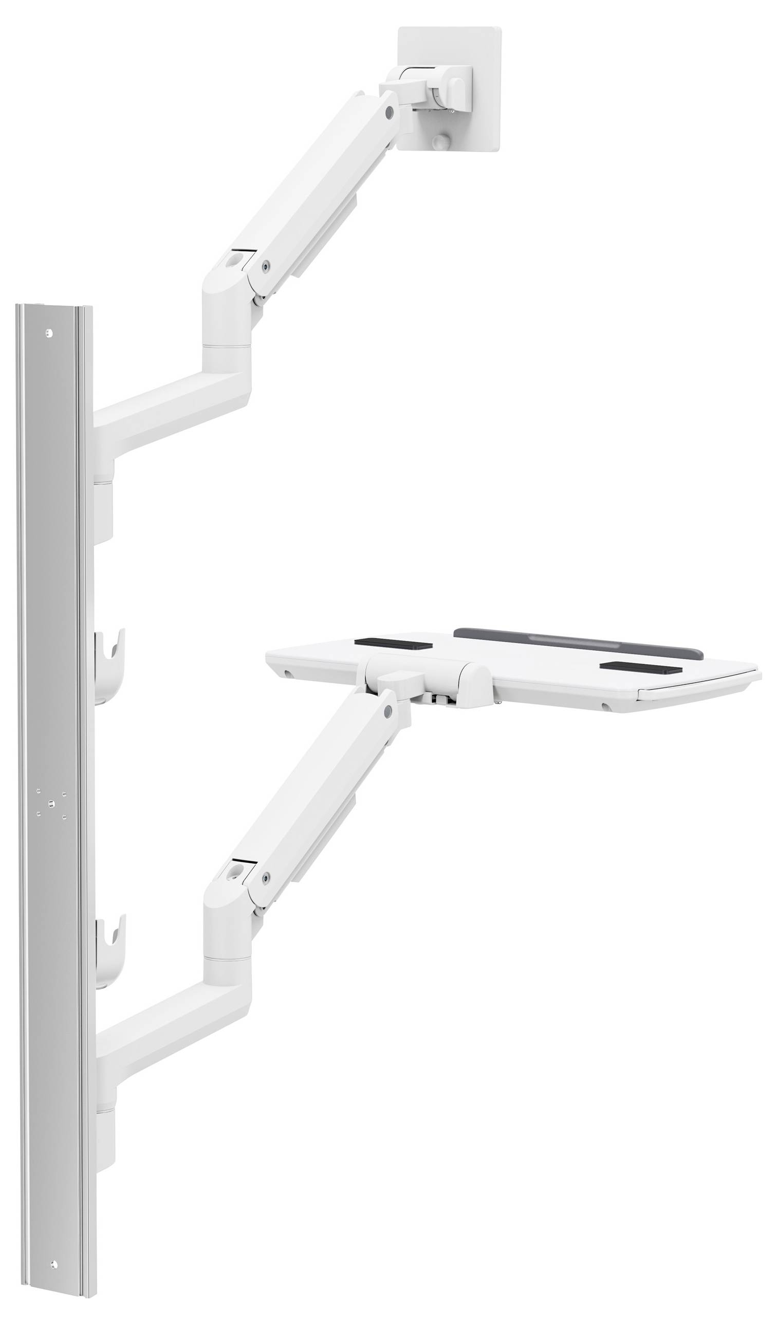Egy fehér, falra szerelhető, állítható kar eszközök tartásához, több csatlakozási ponttal a rugalmasság érdekében és egy lapos felülettel az elhelyezéshez.