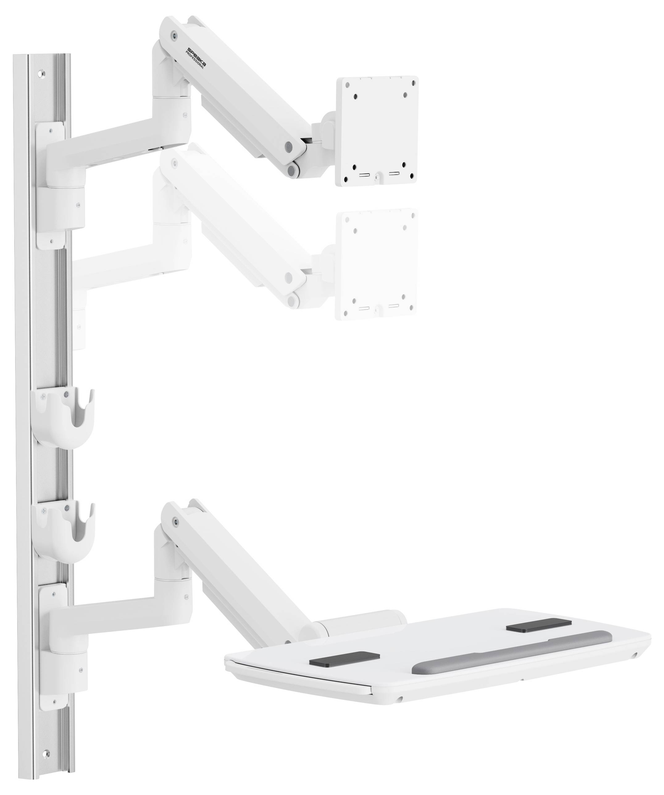 Intelligensen állítható, fehér fali monitartó és billentyűzettartó karok, amelyek ergonomikus munkaállomás kialakítását teszik lehetővé.