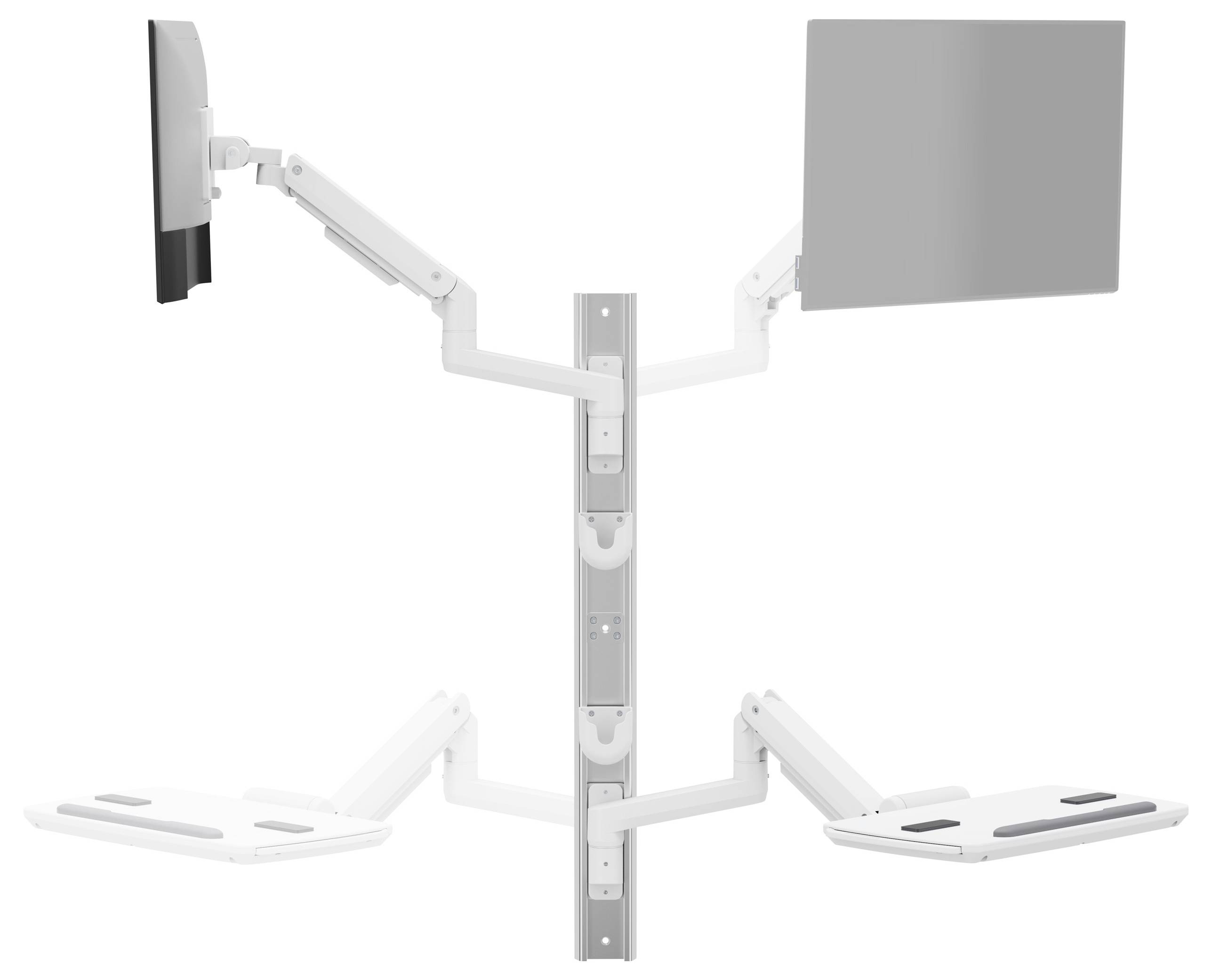 Kettős monitorkar tartók állítható karokkal és platformokkal, függőleges támasztóoszloppal.