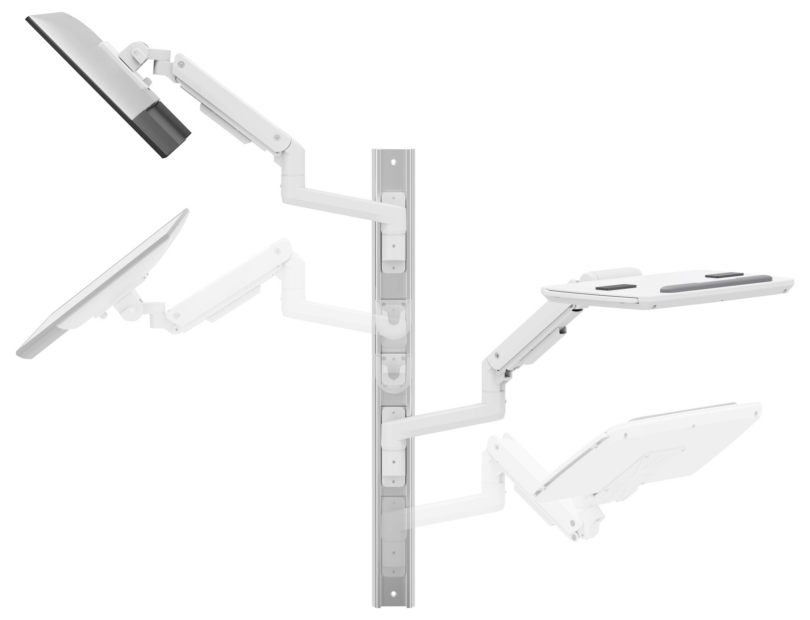 'Három állítható fehér monitorkar, amelyek egy függőleges sínhez vannak rögzítve, mindegyik különböző pozíciókat és szögeket mutat a képernyők felszereléséhez.'