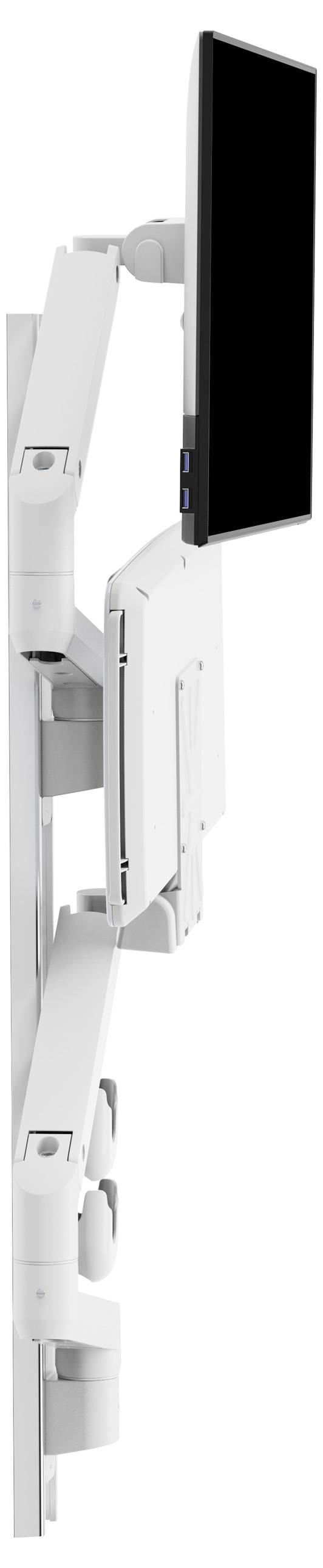 Egy fehér, állítható monitorállvány, amely egy lapos képernyőt tart, oldalnézetből. Az állvány több csatlakozási ponttal rendelkezik a pozicionálás rugalmasságának érdekében.