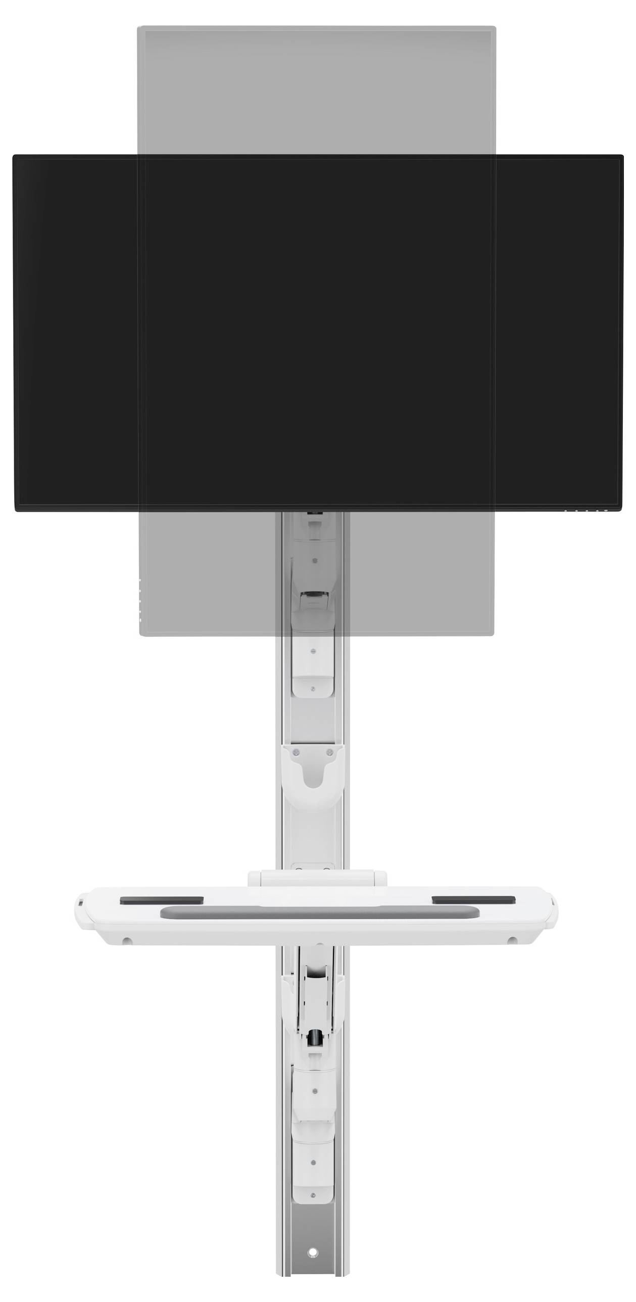 Egy falra szerelhető ergonómikus munkahely állítható monitorkarral és billentyűzettartó tálcával, amelyet a helytakarékosság és kényelmes használat céljából terveztek.