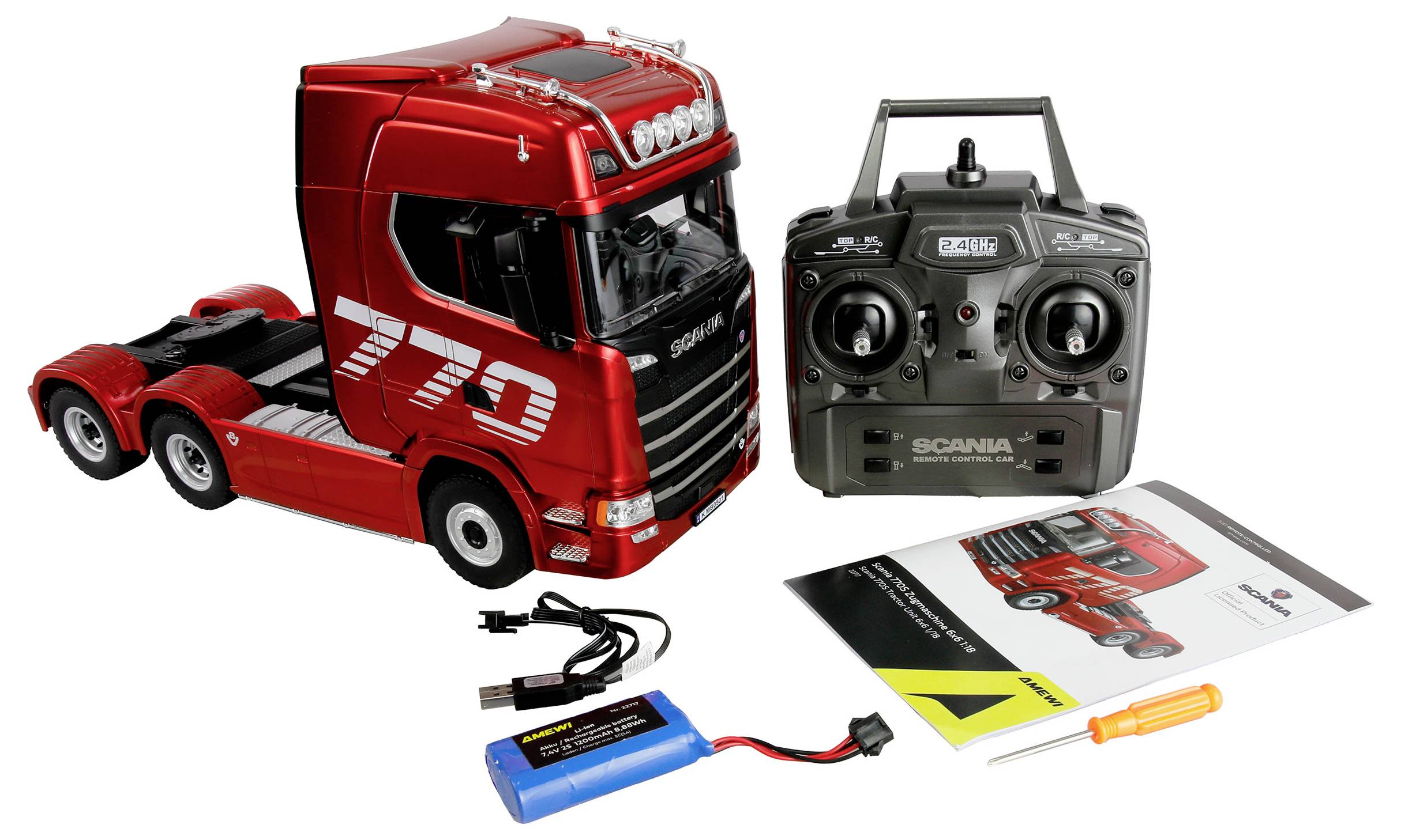 Távirányítós játék teherautó, távirányítóval, akkumulátorral, töltőkábellel, csavarhúzóval és használati útmutatóval.