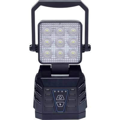 Hordozható LED reflektor nyolc fényes LED izzóval és vezérlőpanellel, amely a fekete alapon lévő gombok segítségével szabályozza a bekapcsolást és az üzemmódokat.