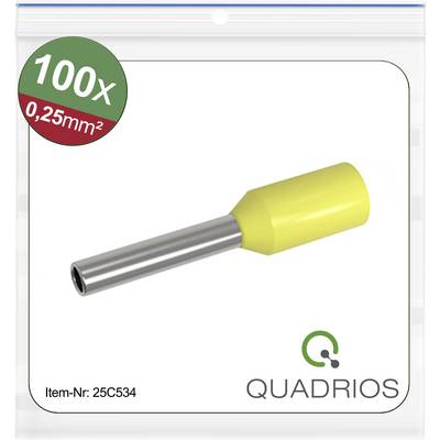 A csomag 100 darab sárga préshüvelyt tartalmaz, 0,25 mm²-es keresztmetszettel. Cikkszám: 25C534. Márka: 'Quadrios' logóval.