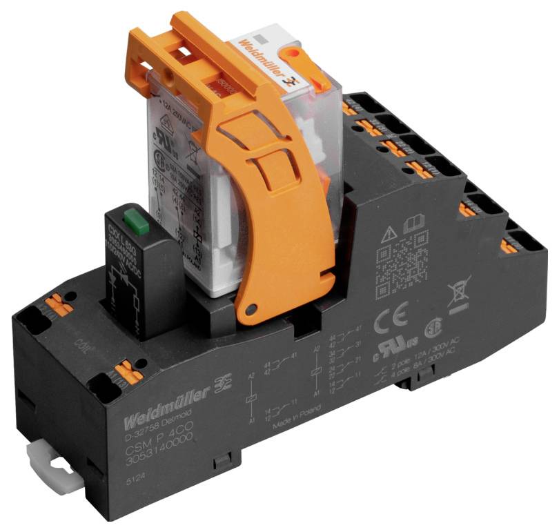 'Egy Weidmüller relé modul narancssárga karral és átlátszó házzal, elektromos specifikációkkal és biztonsági jelölésekkel fekete alapon.'