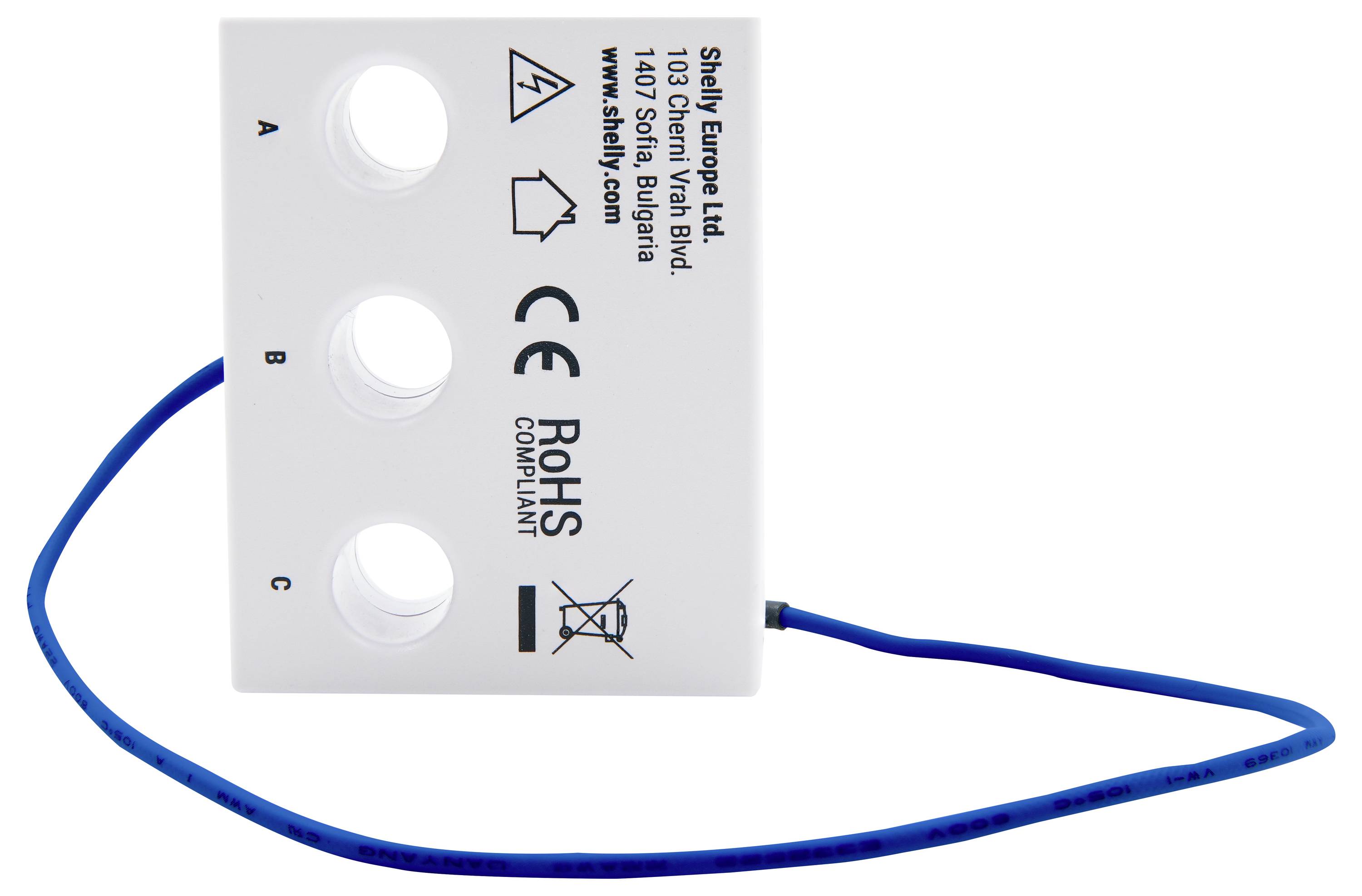 Fehér elektromos eszköz három felcímkézett furattal: 'A', 'B', 'C'. Kék vezeték csatlakoztatva. Megjelölve: 'RoHS MEGFELEL', gyártói adatokkal ellátva.