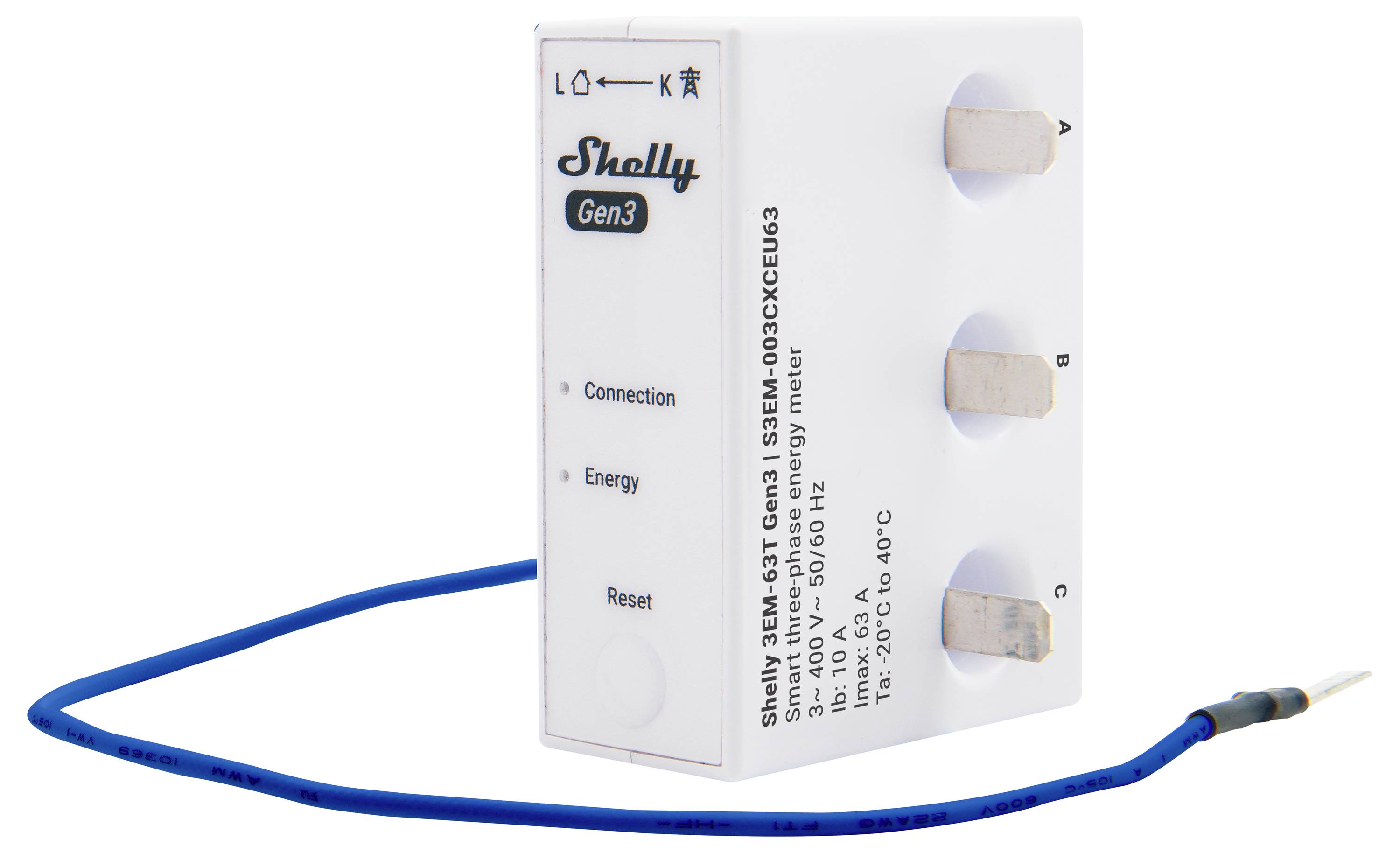 'Shelly 3EM Gen3' energiamérő csatlakozási portokkal és kék vezetékkel. Jellemzők: Csatlakozás, Energia, Visszaállítás. Modell: S3EM-003CXCEU53.