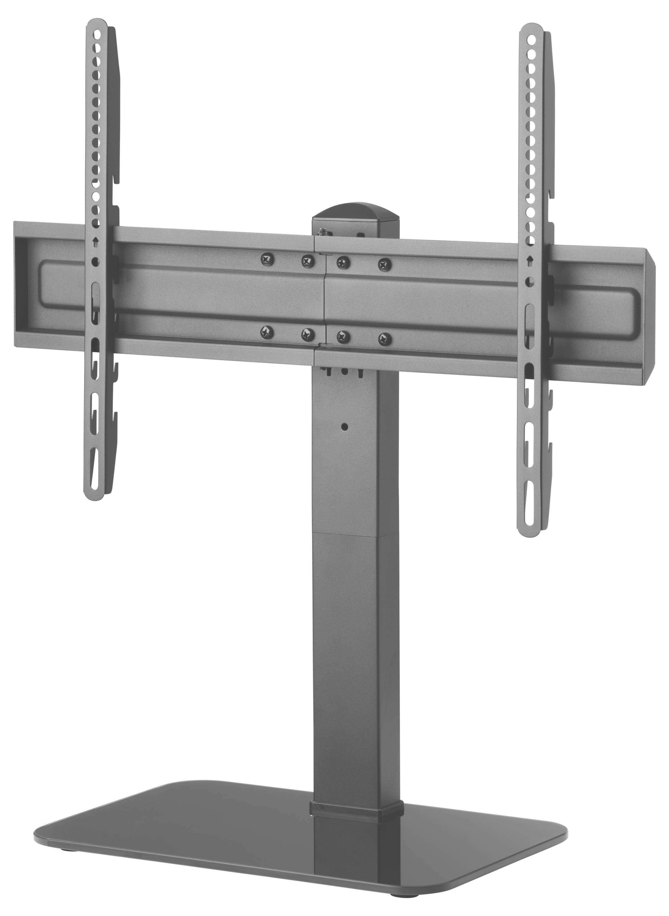 Egy fekete TV-állvány állítható konzolokkal, lapos képernyős televíziók támogatására tervezve, fényes fekete talapzaton.