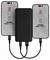 Egy fekete powerbank két okostelefonhoz csatlakoztatva, amelyeken 'XTORM GYORSTÖLTÉS' felirat látható, töltési képességét bemutatva.