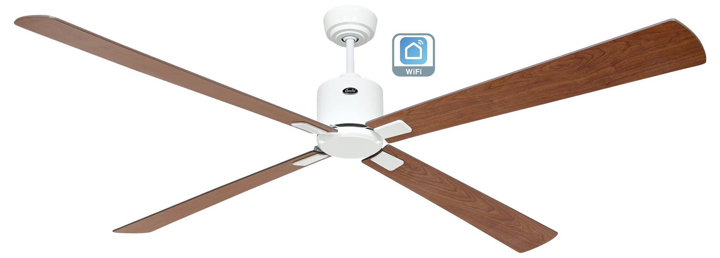 Egy fehér mennyezeti ventilátor fa lapátokkal, 'WiFi' ikonnal, amely okos technológiát jelez.