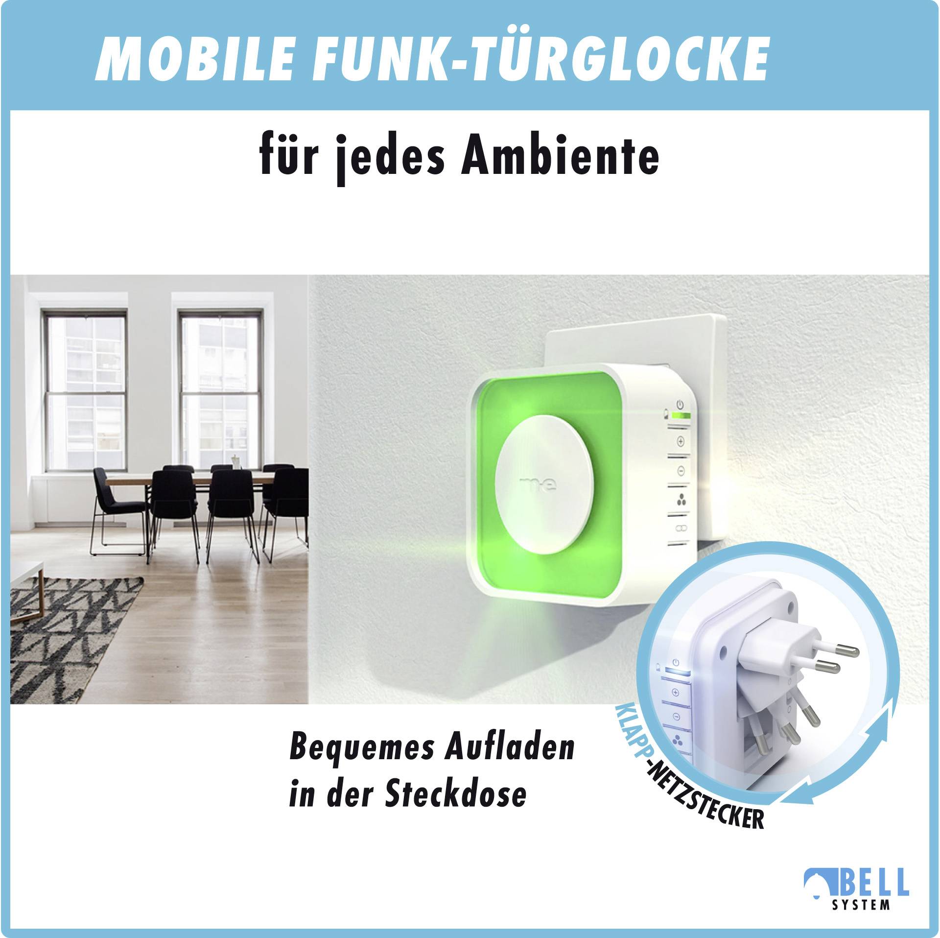 Mobil, vezeték nélküli kaputelefon csatlakozós töltőfunkcióval; modern távirányító; ideális különböző helyiségekhez; baloldalt: lakótér.