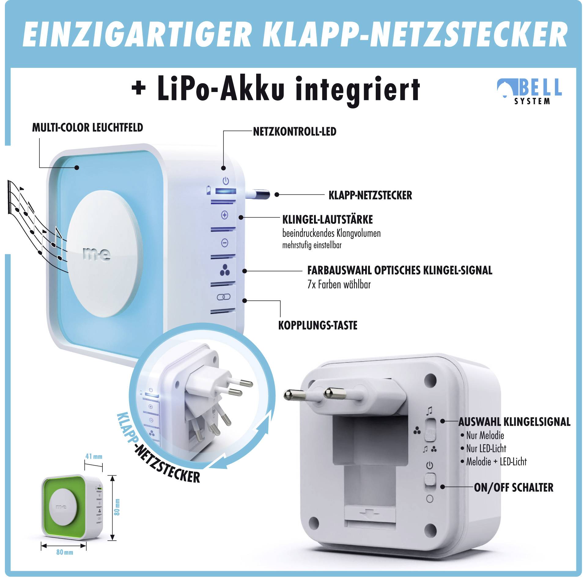 Egyedi összecsukható hálózati csatlakozó plakát, amely egy beépített LiPo akkumulátorral, többszínű LED-del, csengő jelzőfénnyel és párosító gombbal rendelkező töltőkészüléket mutat be.
