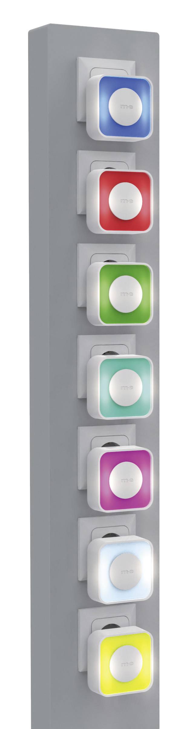 Egy függőleges kijelzőn hét színes, megvilágított nyomógomb helyezkedik el. Minden gomb más-más színű fényt bocsát ki: kék, piros, zöld, rózsaszín, fehér és sárga.