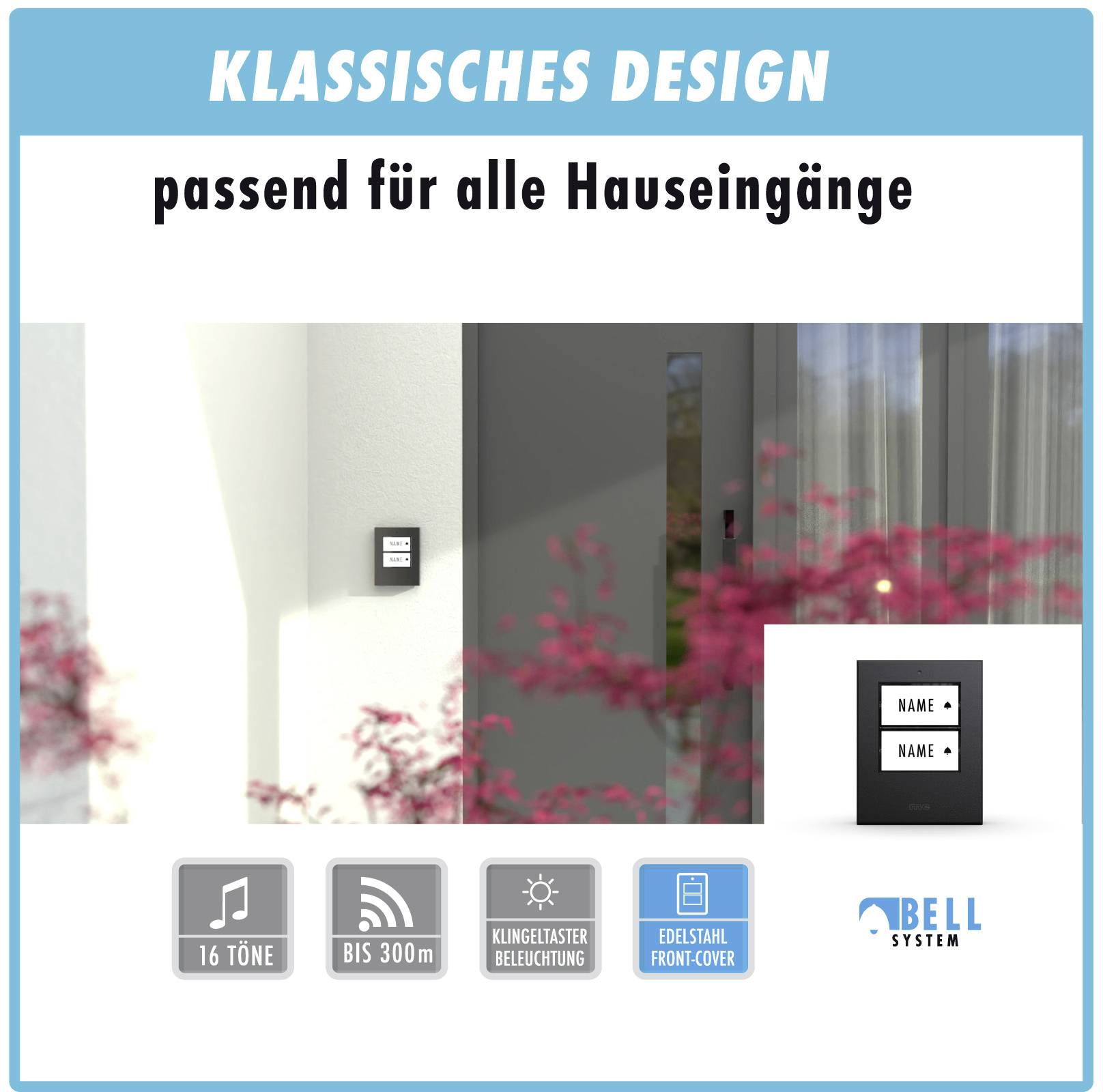 Csengőrendszer-diagram 'Klasszikus dizájn' felirattal, alkalmas bejárati ajtókhoz, 16 csengőhang, hatótávolság akár 300 méterig, rozsdamentes acél előlap.