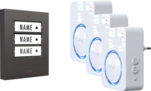m-e modern-electronics 100169 Rádiójel vezérlésű csengő Teljes készlet Megvilágított, Aktív hangjelzés, Mozgásérzékelővel, Névtáblával
