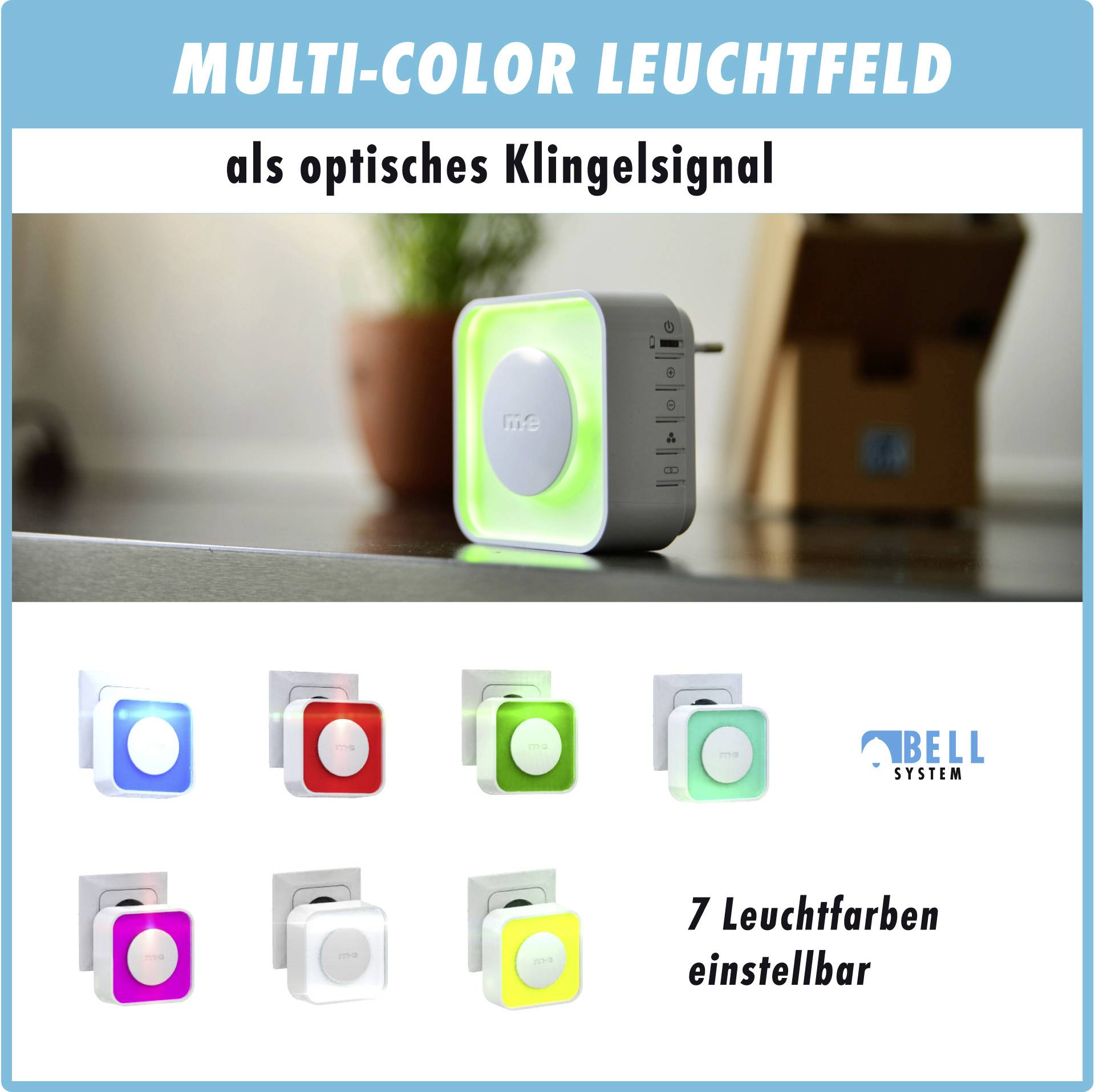 A kép egy multi-color fényjelzőt mutat optikai csengőjelzésként. Lent hét különböző fényárnyalat látható.
