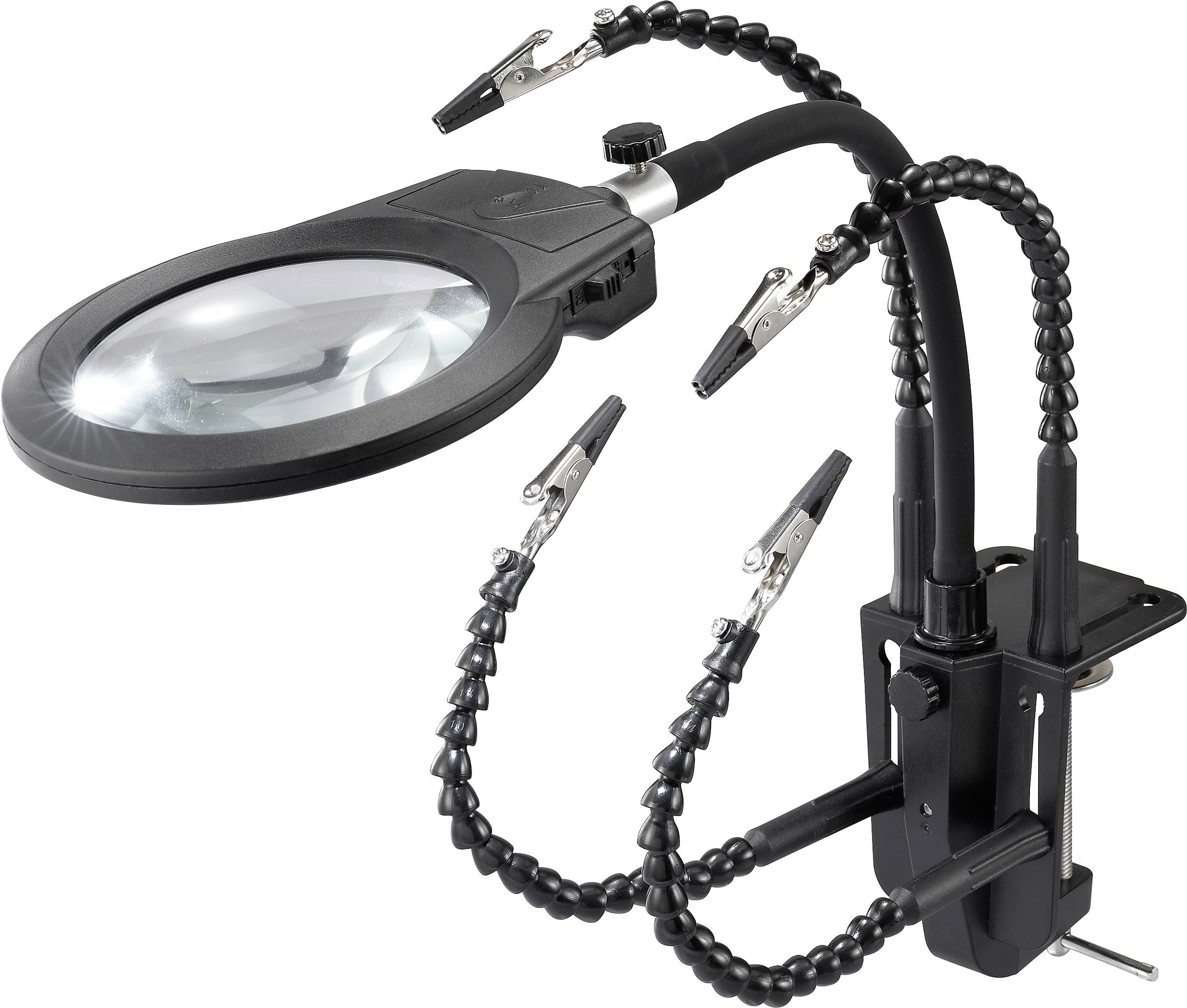 Egy nagyító rugalmas karral, amelyet egy csiptetővel rögzítenek, és precíziós munkákhoz vagy kézmentes vizsgálatokhoz használnak.