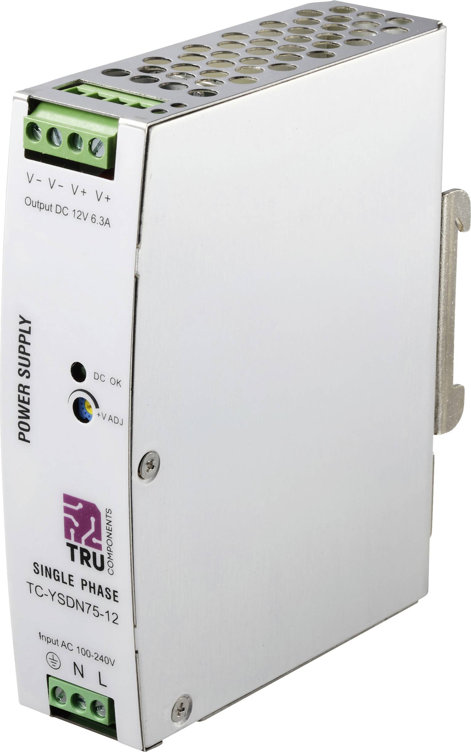 A kép egy 'TRU Components' egyfázisú tápegységet mutat, TC-YSDN75-12 típusú modellt. Kimenete 12V egyenáram, 6,3A áramerősséggel, bemeneti váltóáram 100-240V között.
