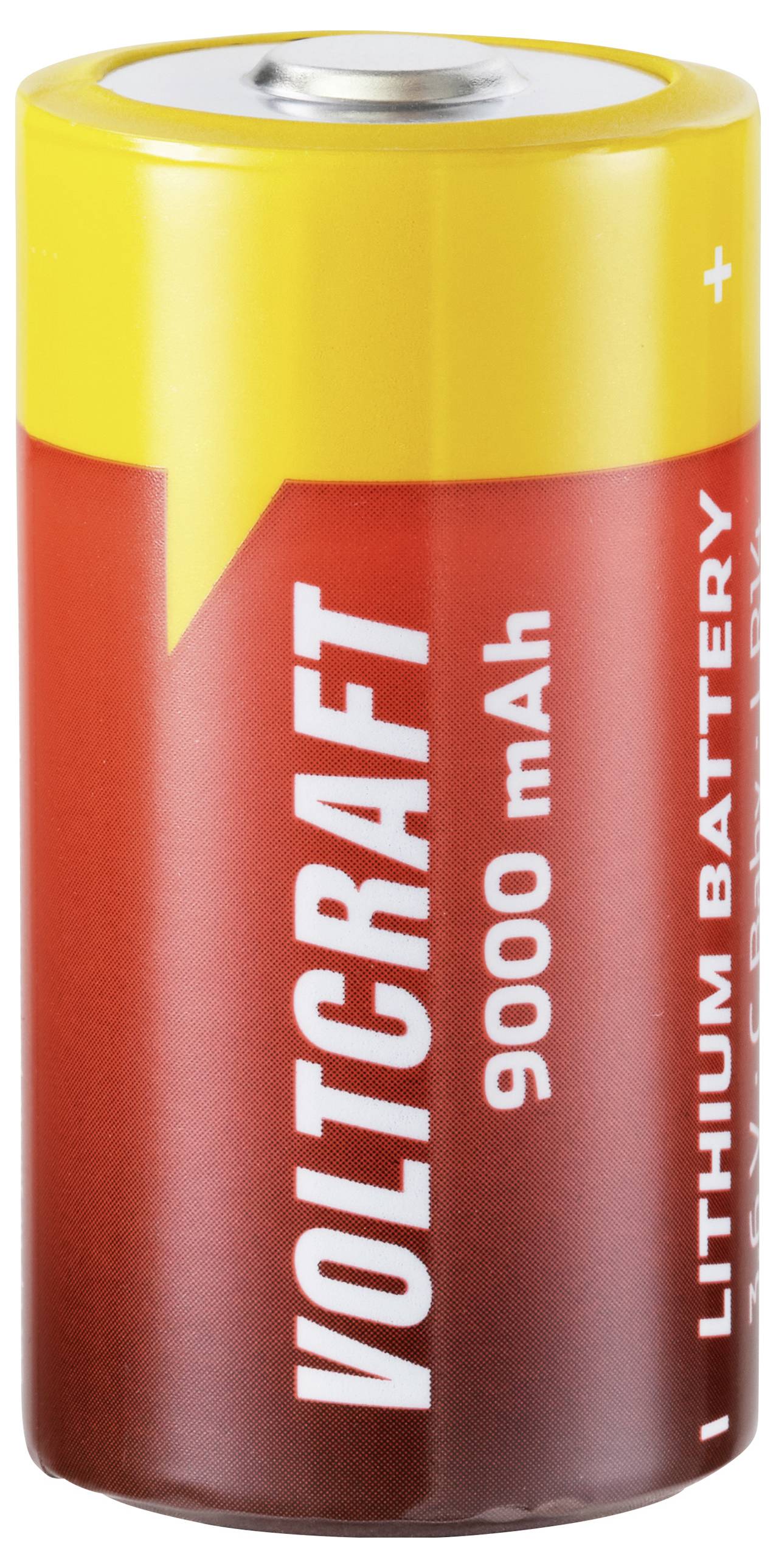 Egyetlen AA-stílus lítium akkumulátor a következő feliratok: "VOLTCRAFT 9000 mAh" és "LITHIUM BATTERY" pozitív polaritás jelöléssel.