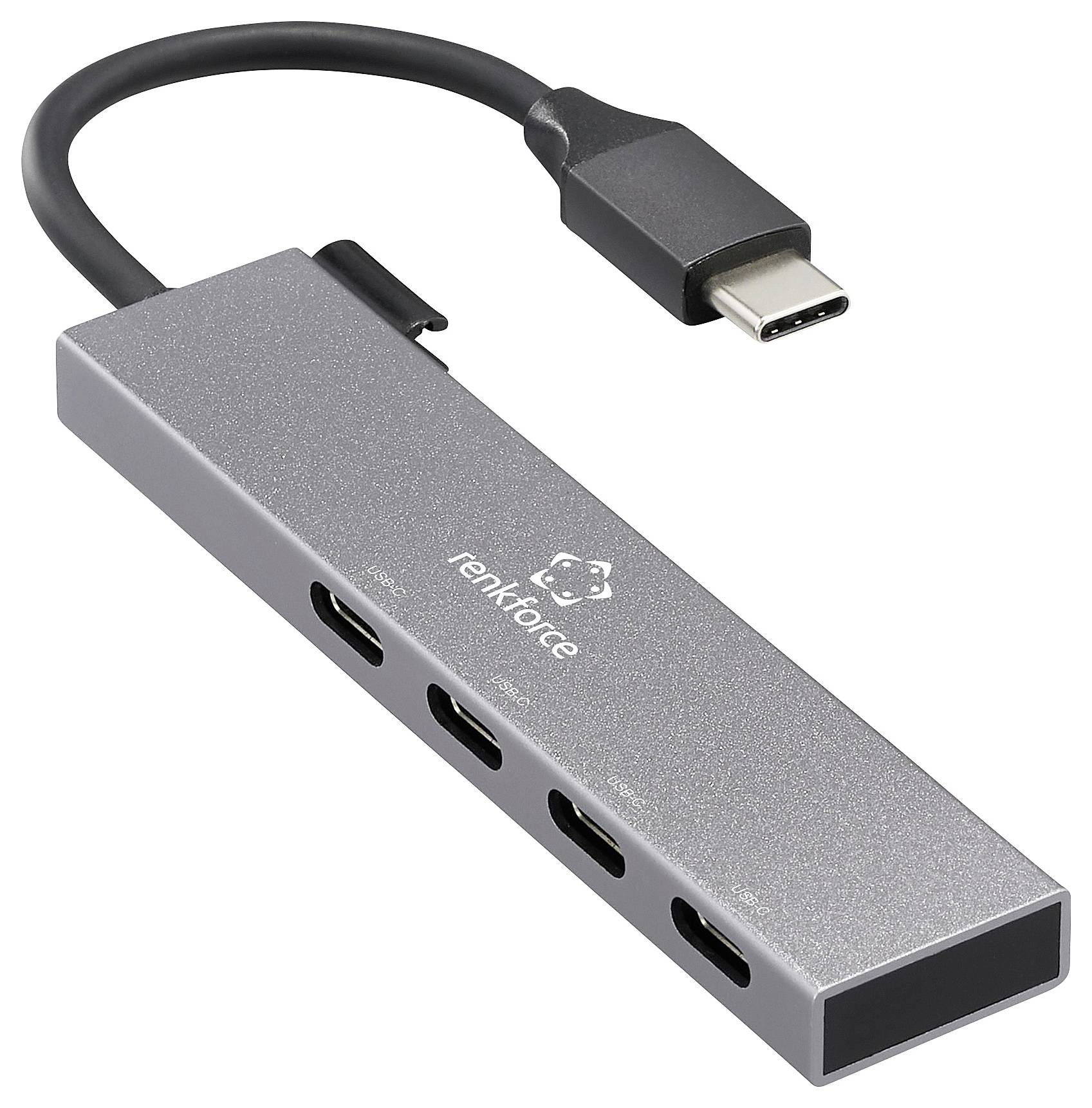 Egy USB-C elosztó négy HDMI porttal és egy rövid csatlakozókábellel, amelynek felületén a 'renkforce' felirat szerepel.