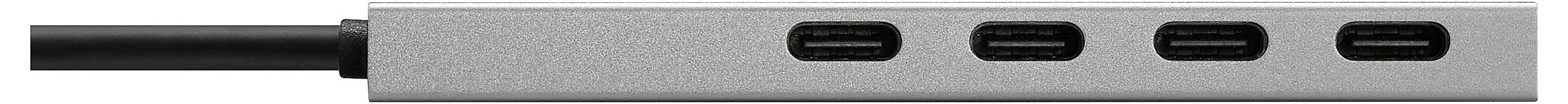 Egy fekete kábellel csatlakoztatott fém USB-C elosztó, négy USB-C porttal az eszközök csatlakoztatásához.