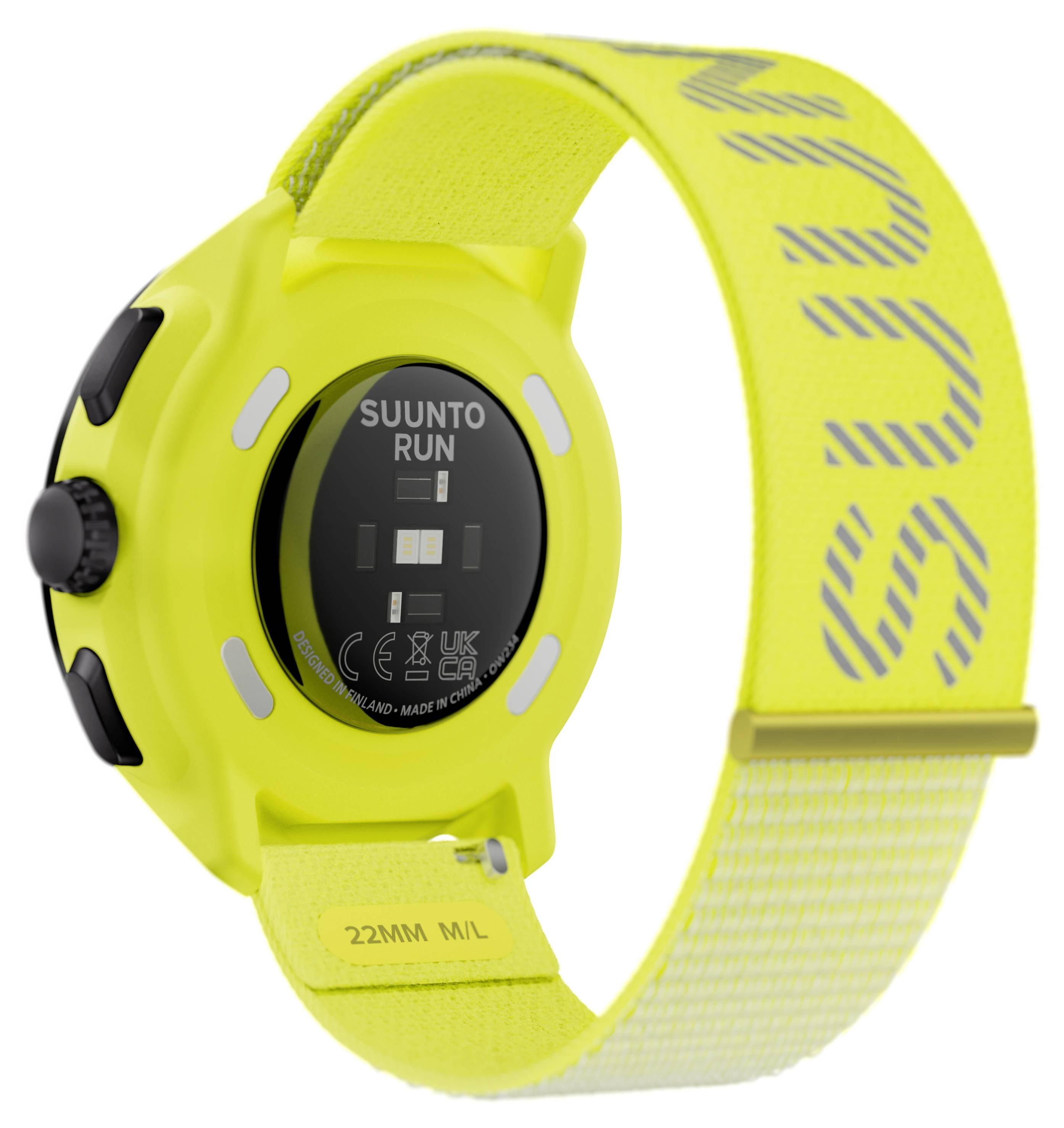 Egy élénksárga sportóra SUUNTO feliratú szíjjal. A hátoldalán technikai részletek láthatók. Futórajongók számára ideális.