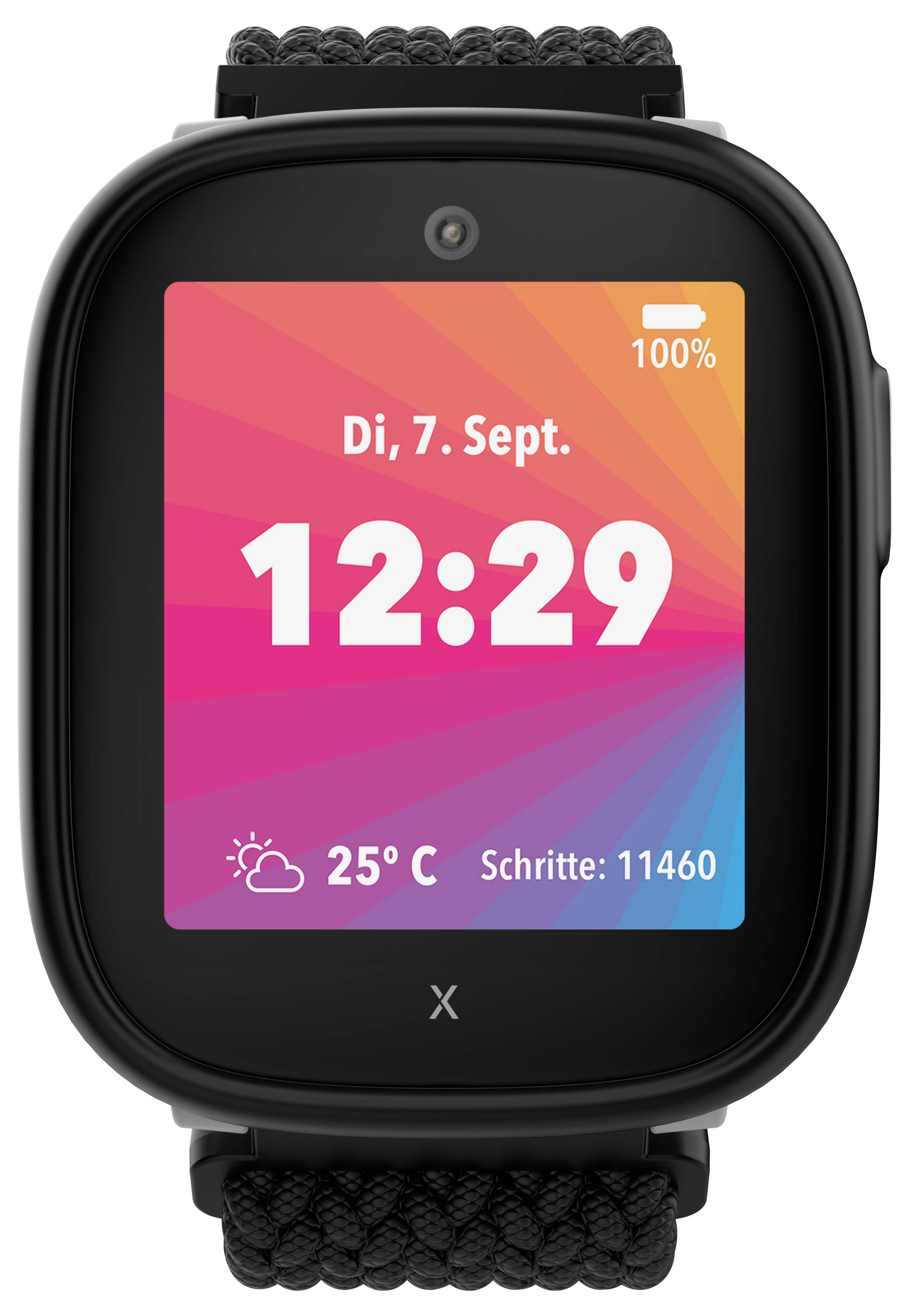 A smartwatch a 'Ke, szept. 7.' dátumot és a '12:29' időt mutatja élénk gradiens háttérrel. Az ikonok hőmérsékletet '25°C' és 'Lépések: 11460' jeleznek.