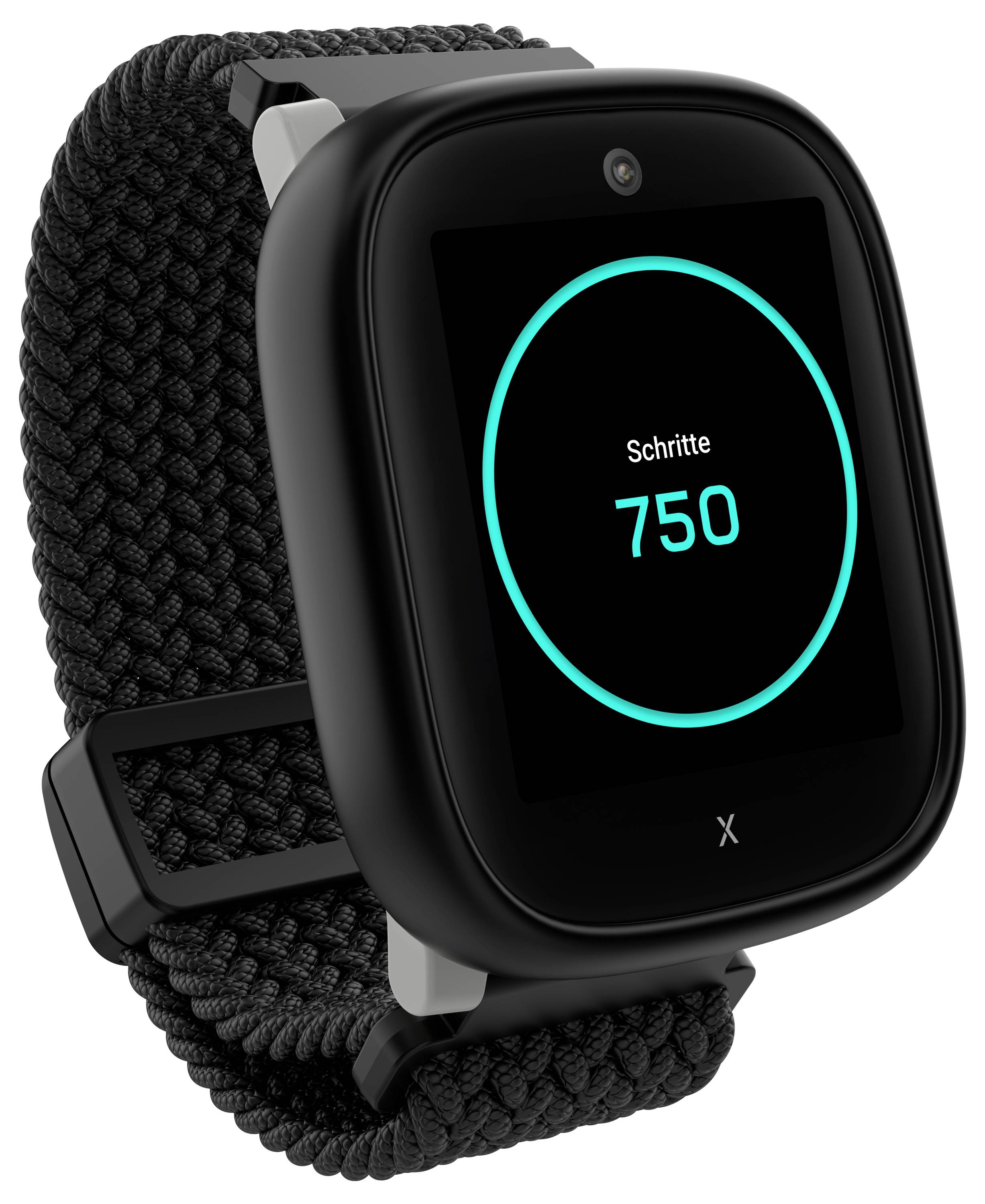 A smartwatch képernyőjén a 'Lépések 750' felirat látható, jelezve, hogy viselője 750 lépést tett meg. Az óra fekete szövött szíjjal rendelkezik.