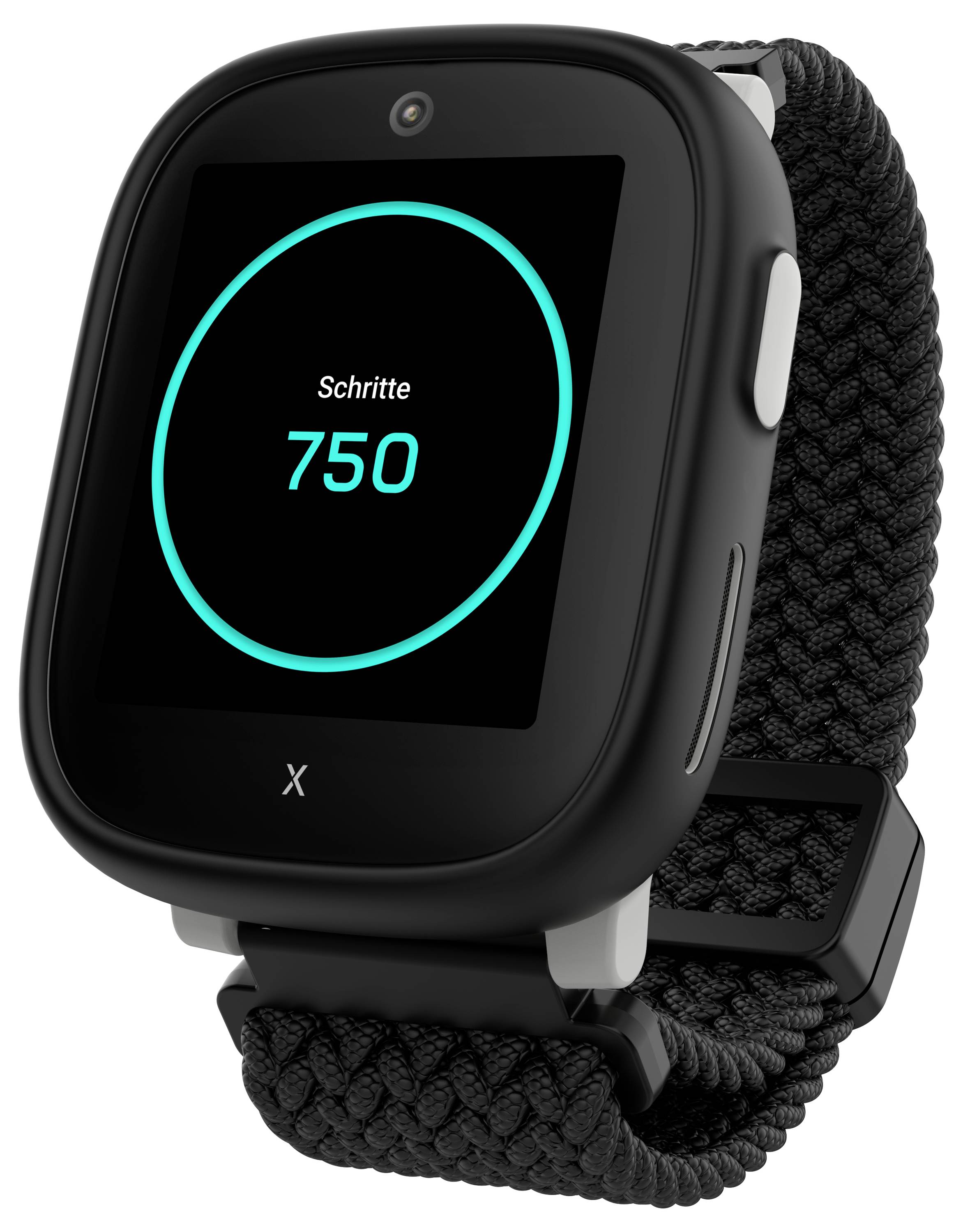 Egy fekete okosóra fonott szíjjal kijelzi a 'Schritte 750' feliratot a képernyőjén, amely a felhasználó lépésszámát mutatja németül.