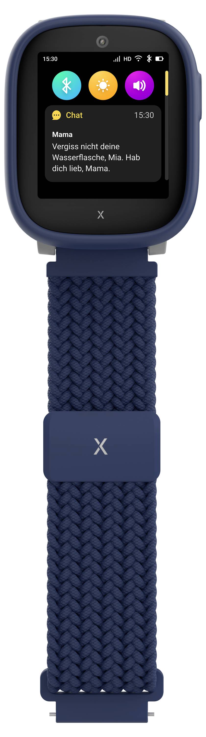 Egy okosóra szőtt szalaggal üzenetet jelenít meg a képernyőjén, amelyen csatlakozási ikonok láthatók Bluetooth, GPS és Wi-Fi kapcsolatokhoz.