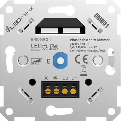 LEDmaxx DM001 dimmervezérlő kapcsoló elölnézete, csatlakozási pontjainak és LED-kompatibilitási, valamint terhelhetőségi német műszaki specifikációinak feltüntetésével.