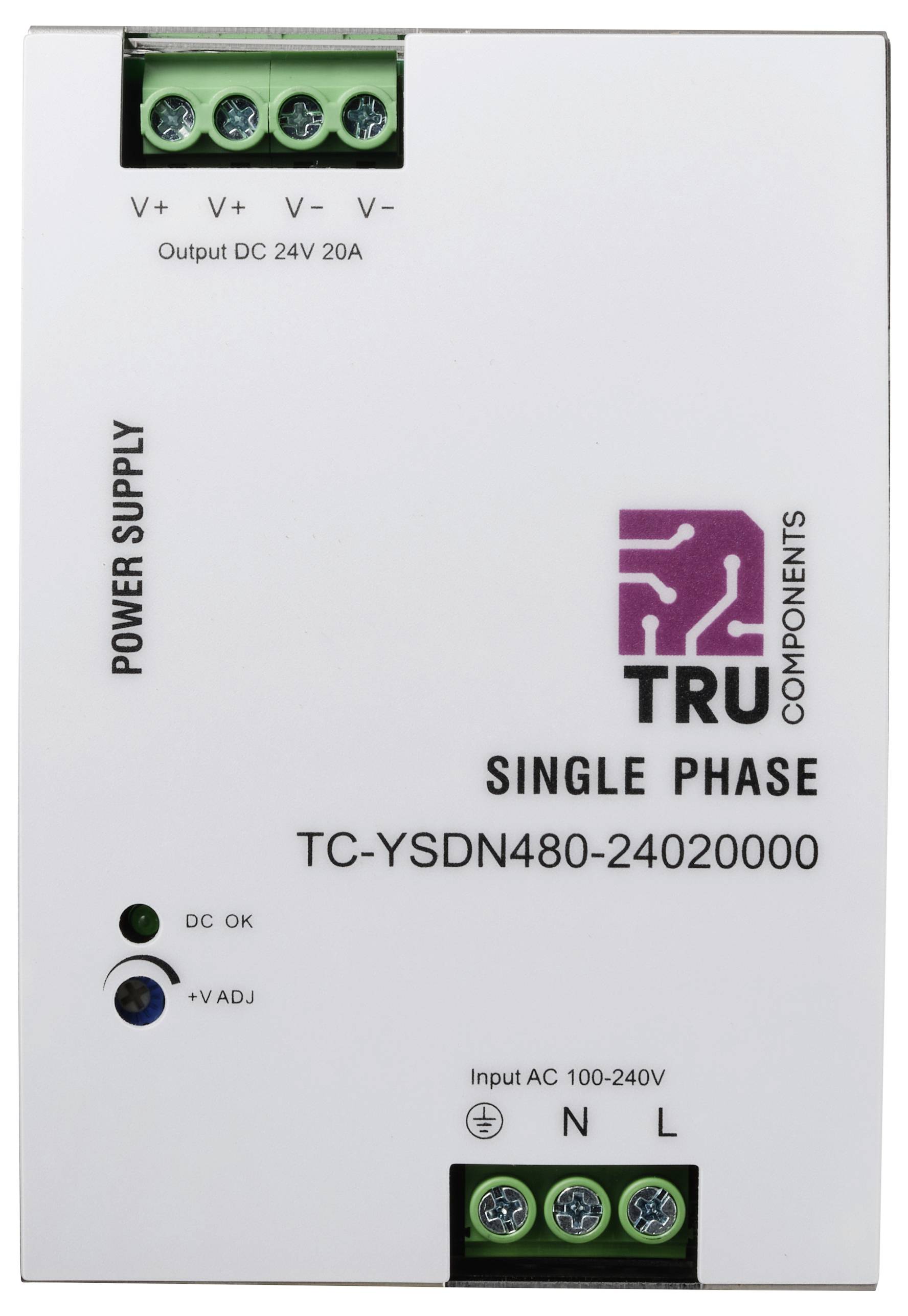 TRU Components gyártmányú egyfázisú tápegység, TC-YSDN480-24020000 típus. Bemeneti váltóáram 100-240V; kimeneti egyenáram 24V 20A.