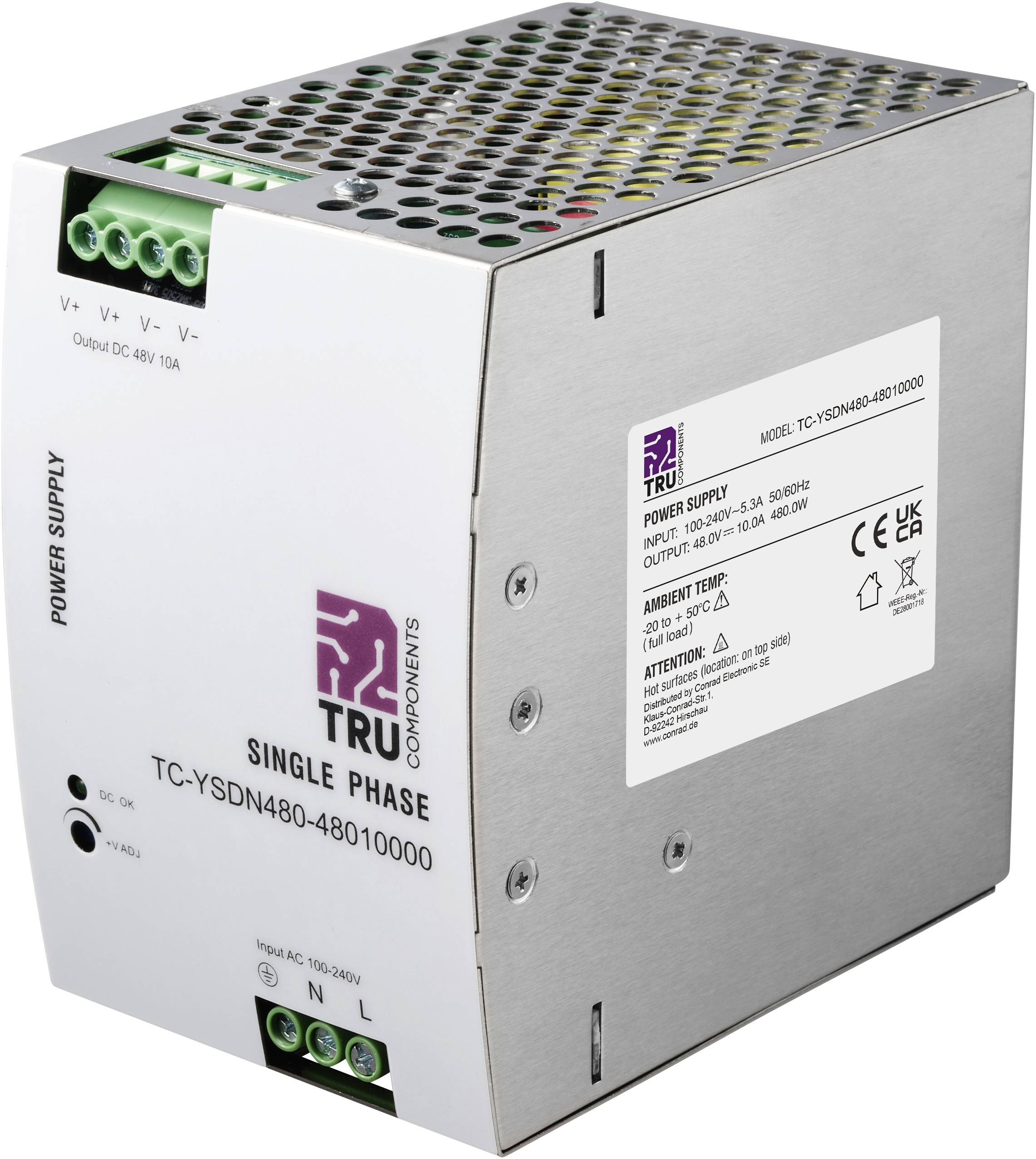Egy téglalap alakú, fémes kivitelű egyenirányú tápegység, amelynek típusszáma 'TC-YSDN480-48010000' a TRU Components gyártótól, bemeneti/kimeneti specifikációkat mutat.