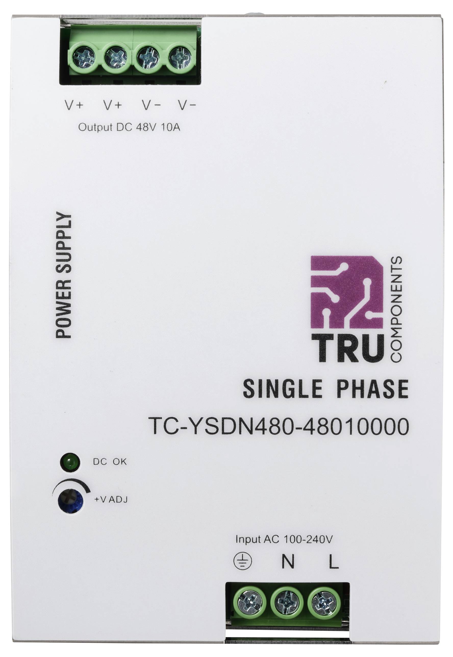 Egy Tru Components által gyártott egyfázisú tápegység, TC-YSDN480-48010000 típusjelzéssel, bemeneti váltóáram 100-240V és kimeneti egyenáram 48V 10A.