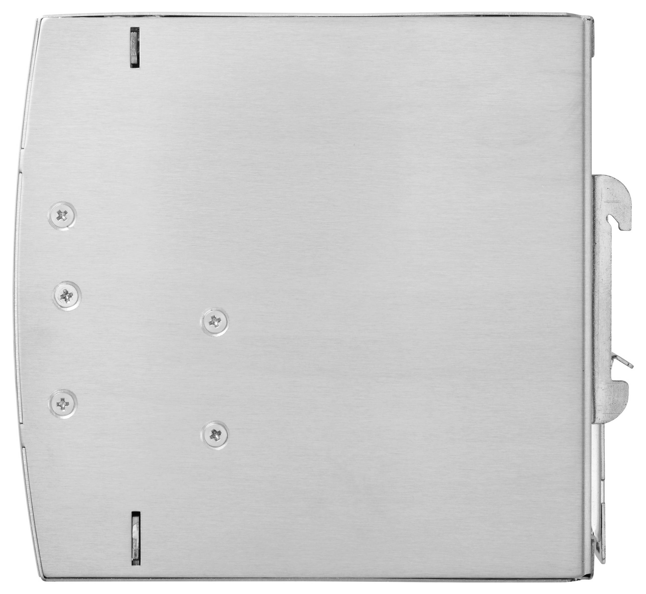 Egy fémes téglalap alakú eszköz, amelynek felületén csavarok láthatók, oldalnézetben egy kiálló reteszelő mechanizmus figyelhető meg, valószínűleg egy számítógépes alkatrészről van szó.